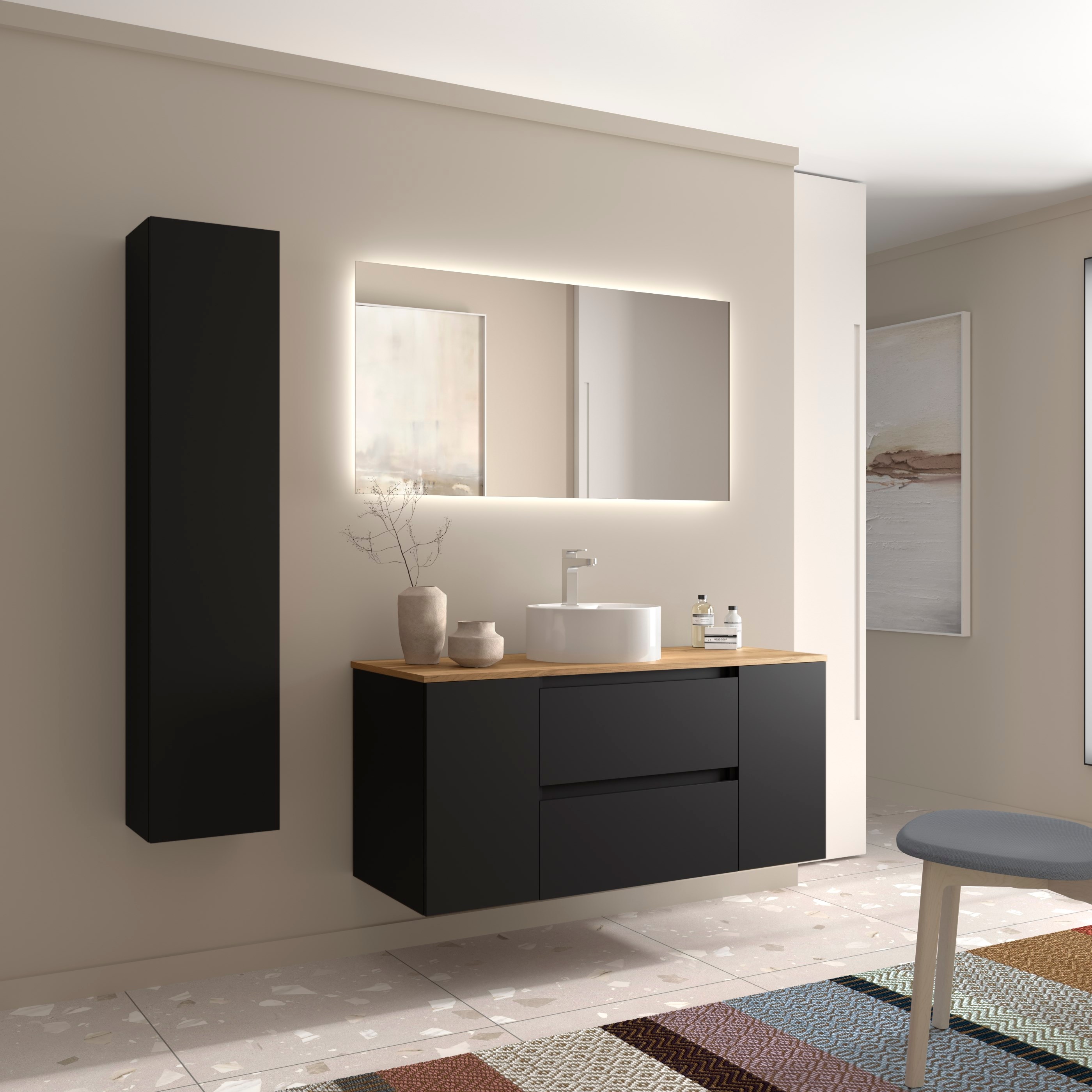 Imagen 3 de Mueble de baño Bequia con Encimera con Lavabo posar con 2 Coquetas 1 puerta - Negro 120 cm Negro