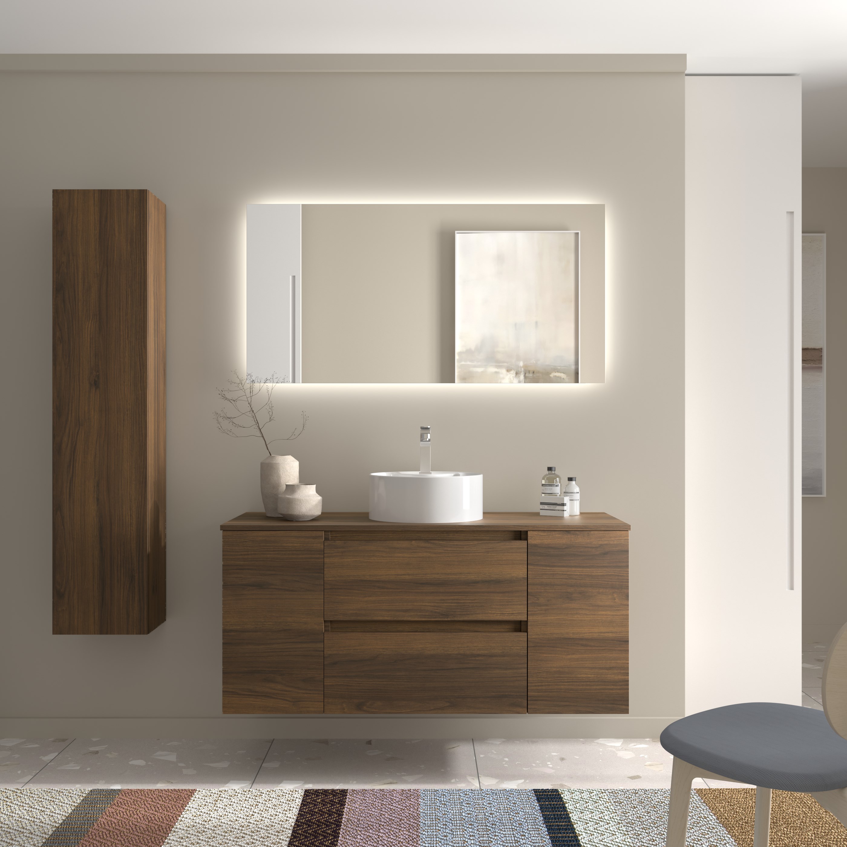 Imagen 2 de Mueble de baño Bequia con Encimera con Lavabo posar con 2 Coquetas 1 puerta - Nogal 120 cm Nogal