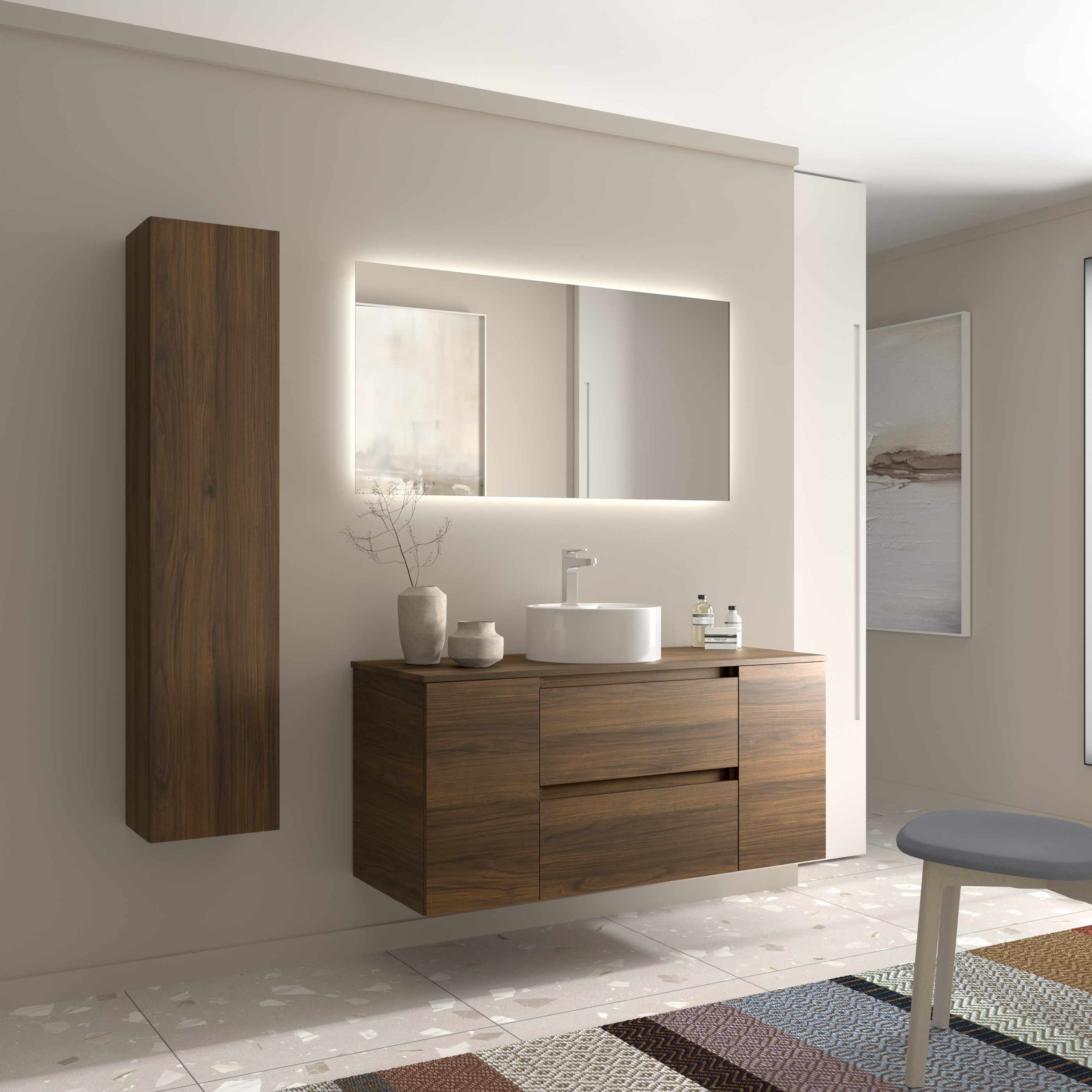 Imagen 3 de Mueble de baño Bequia con Encimera con Lavabo posar con 2 Coquetas 1 puerta - Nogal 120 cm Nogal