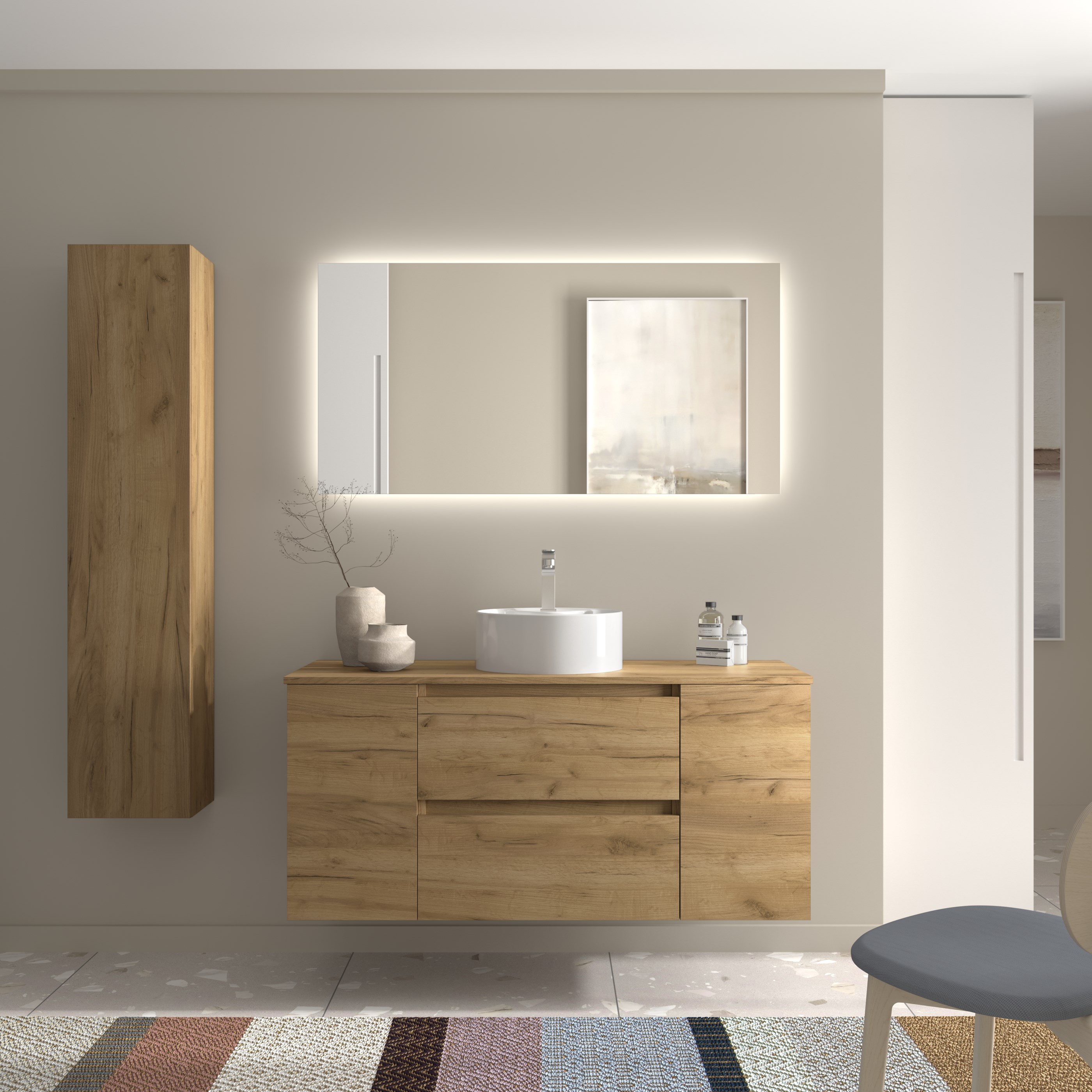 Imagen 2 de Mueble de baño Bequia con Encimera con Lavabo posar con 2 Coquetas 1 puerta - Roble 120 cm Roble