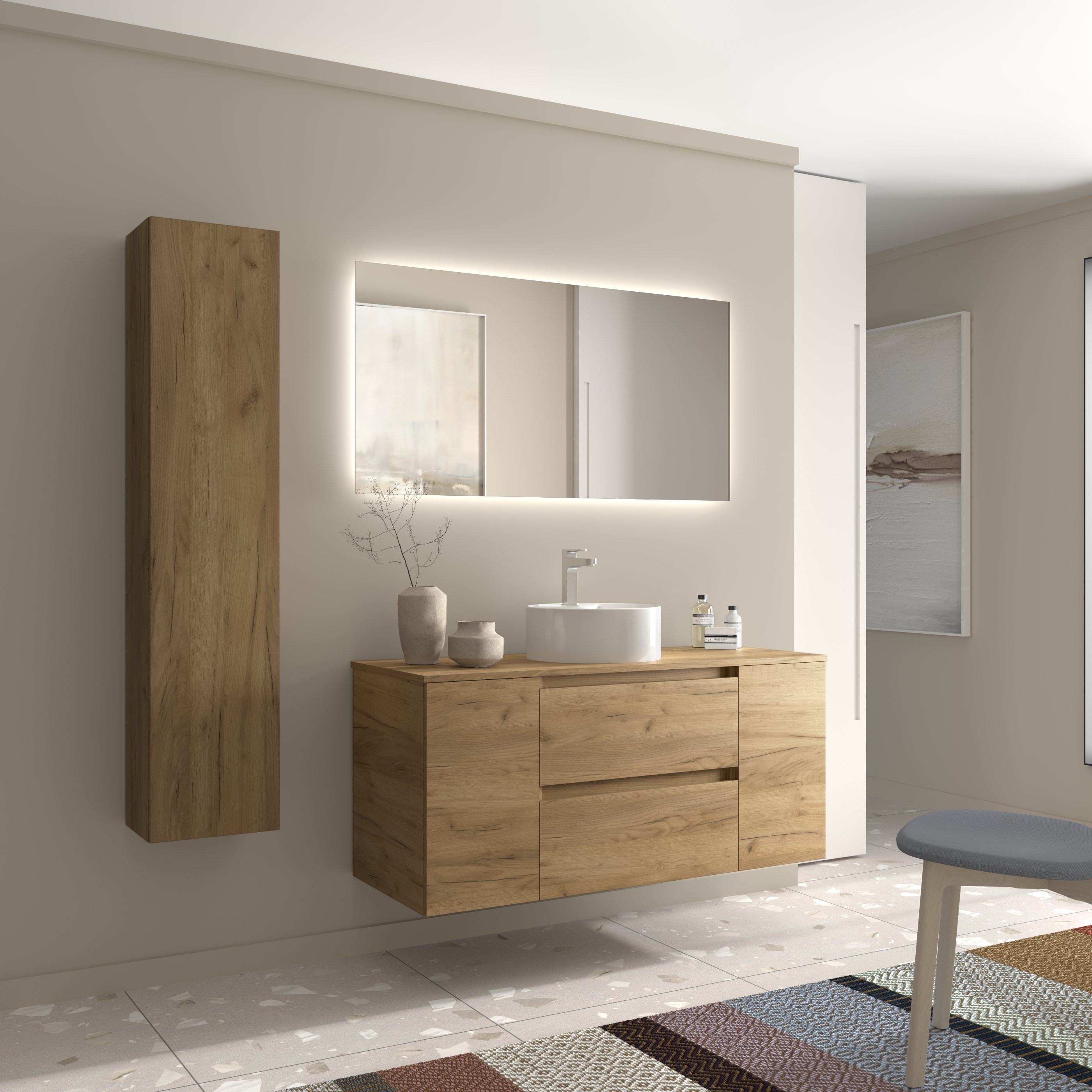 Imagen 3 de Mueble de baño Bequia con Encimera con Lavabo posar con 2 Coquetas 1 puerta - Roble 120 cm Roble