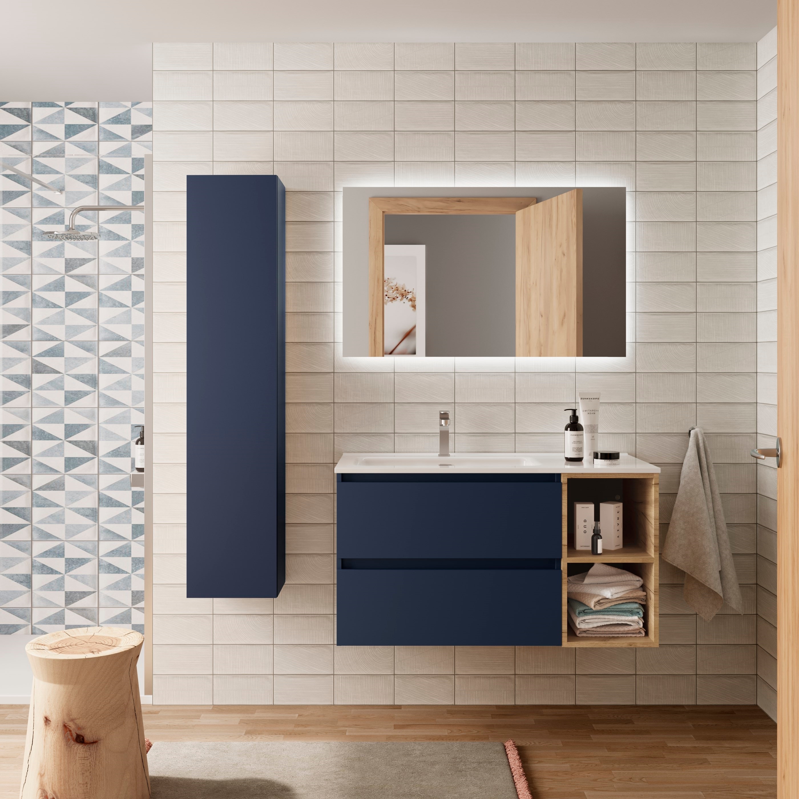 Imagen 2 de Mueble de baño Bequia con Lavabo Oslo con Coqueta 2 huecos Derecha - Azul / Madera 100 cm Azul / Madera