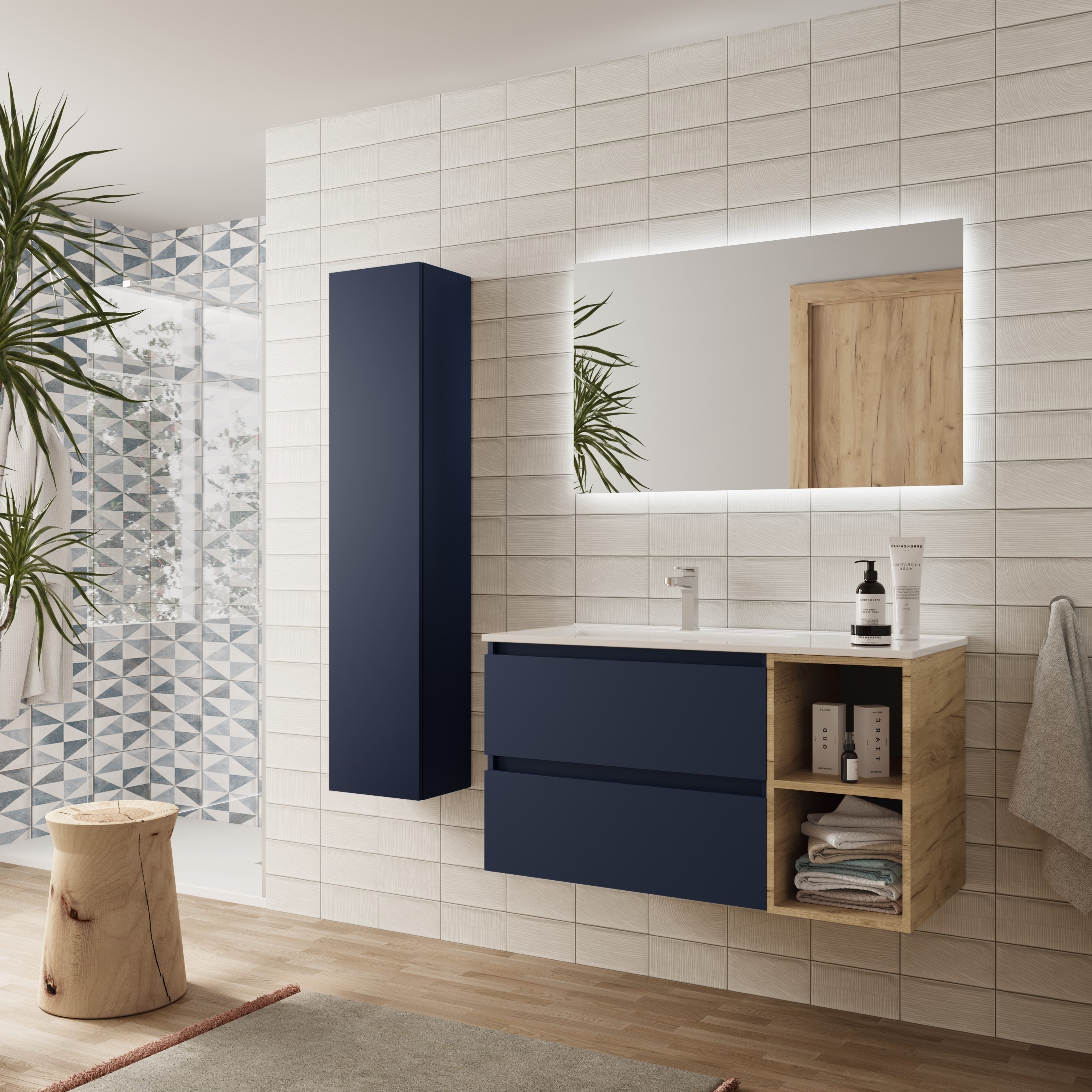 Imagen 3 de Mueble de baño Bequia con Lavabo Oslo con Coqueta 2 huecos Derecha - Azul / Madera 100 cm Azul / Madera