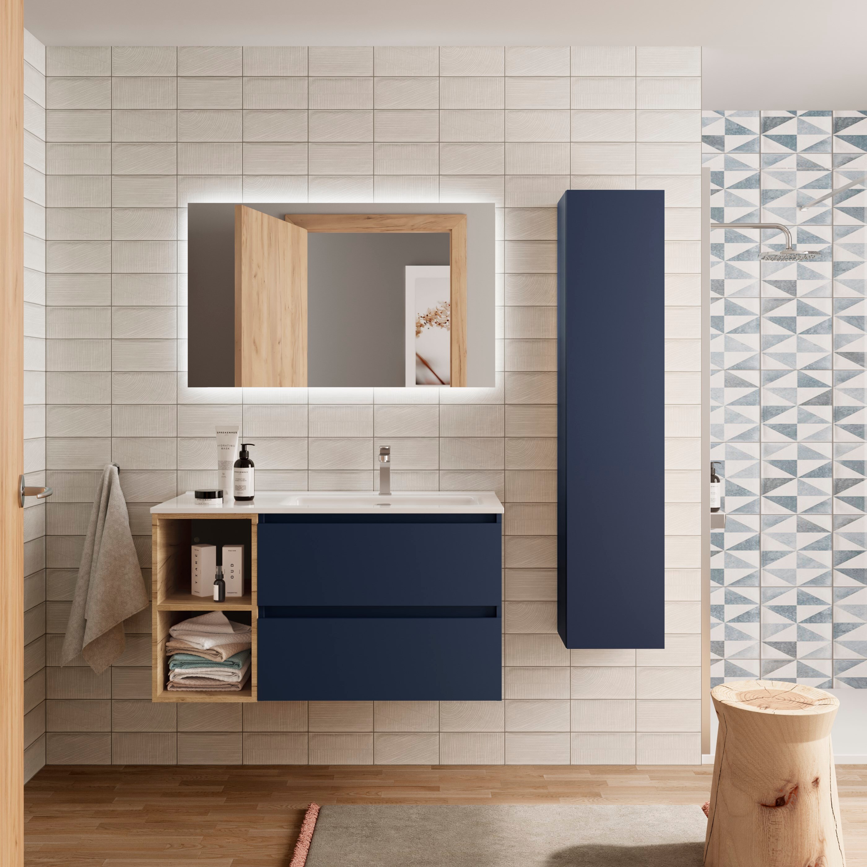 Imagen 2 de Mueble de baño Bequia con Lavabo Oslo con Coqueta 2 huecos Izquierda - Azul / Madera 100 cm Azul / Madera