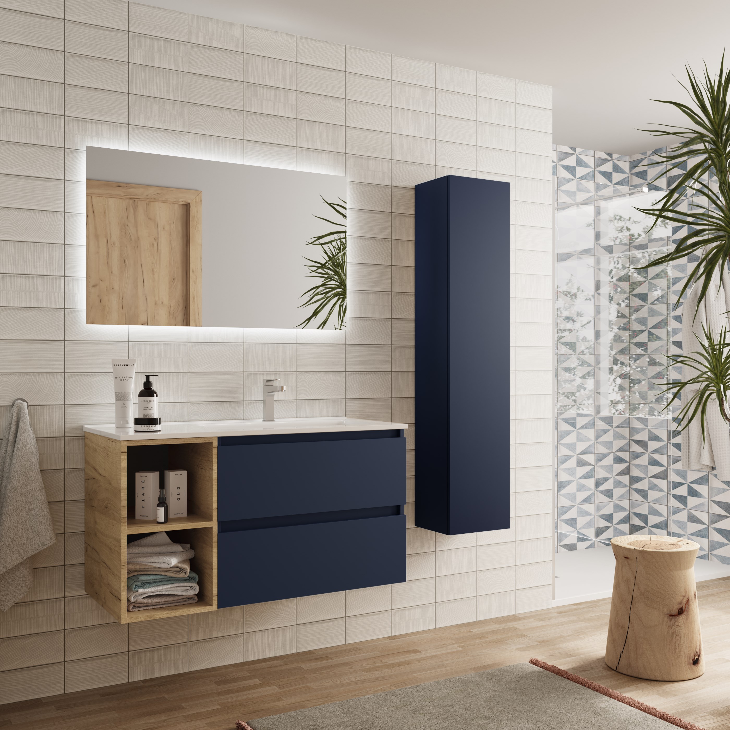 Imagen 3 de Mueble de baño Bequia con Lavabo Oslo con Coqueta 2 huecos Izquierda - Azul / Madera 100 cm Azul / Madera
