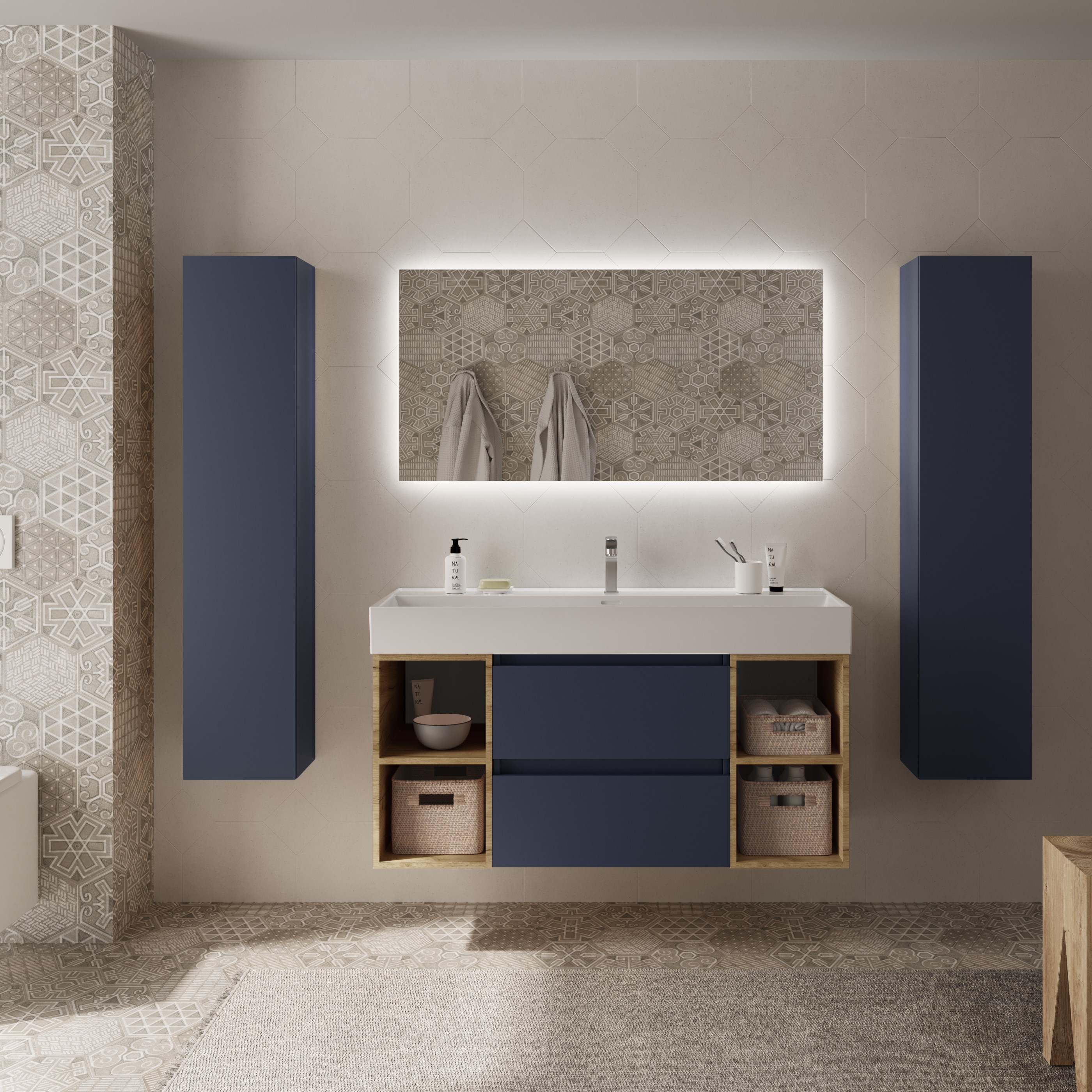 Imagen 2 de Mueble de baño Bequia con Lavabo Roma con 2 Coquetas 2 huecos - Azul / Madera 120 cm Azul / Madera