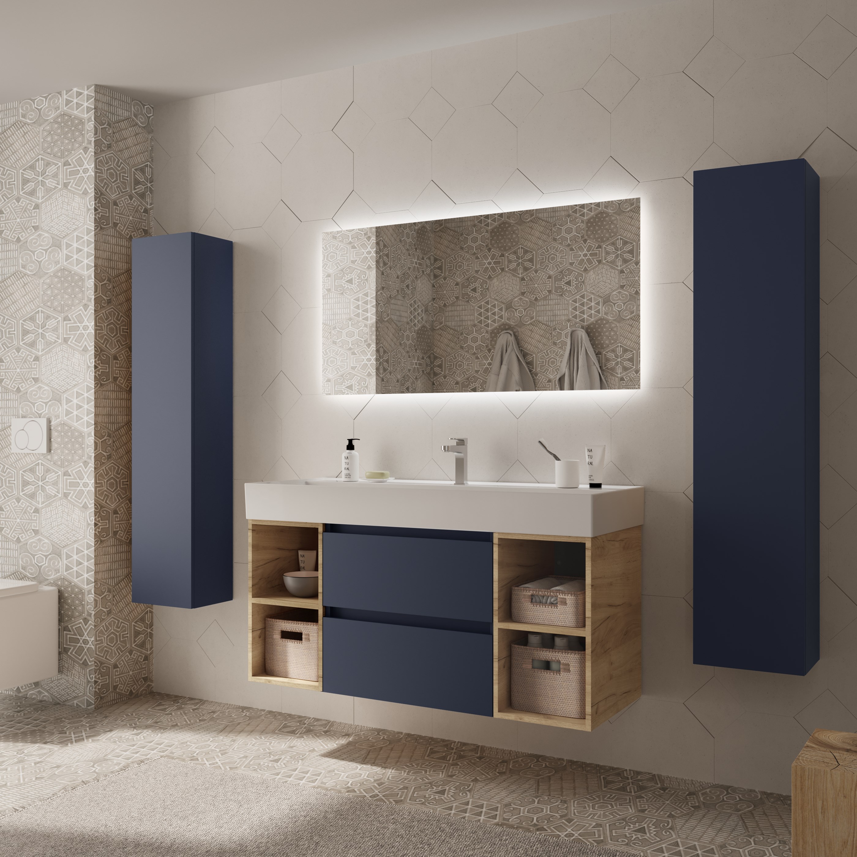 Imagen 3 de Mueble de baño Bequia con Lavabo Roma con 2 Coquetas 2 huecos - Azul / Madera 120 cm Azul / Madera