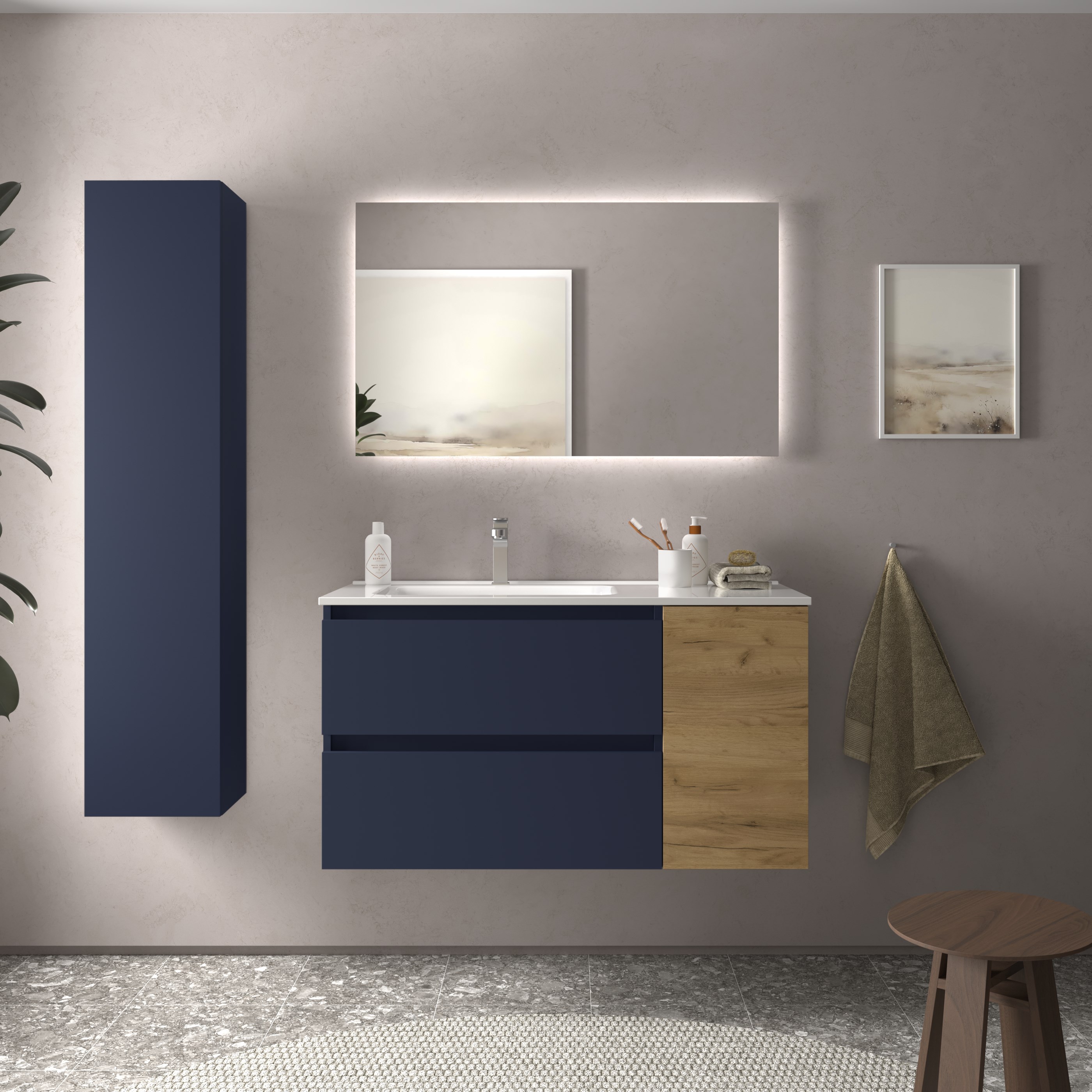 Imagen 2 de Mueble de baño Bequia con Lavabo Oslo con Coqueta 1 Puerta Derecha - Azul / Madera 90 cm Azul / Madera