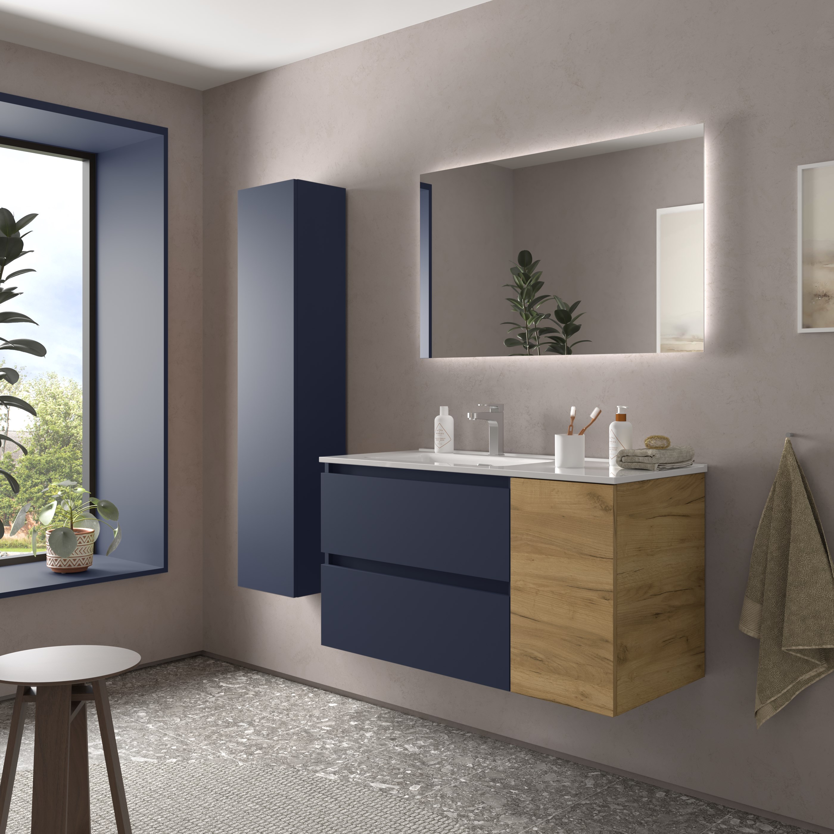Imagen 3 de Mueble de baño Bequia con Lavabo Oslo con Coqueta 1 Puerta Derecha - Azul / Madera 90 cm Azul / Madera