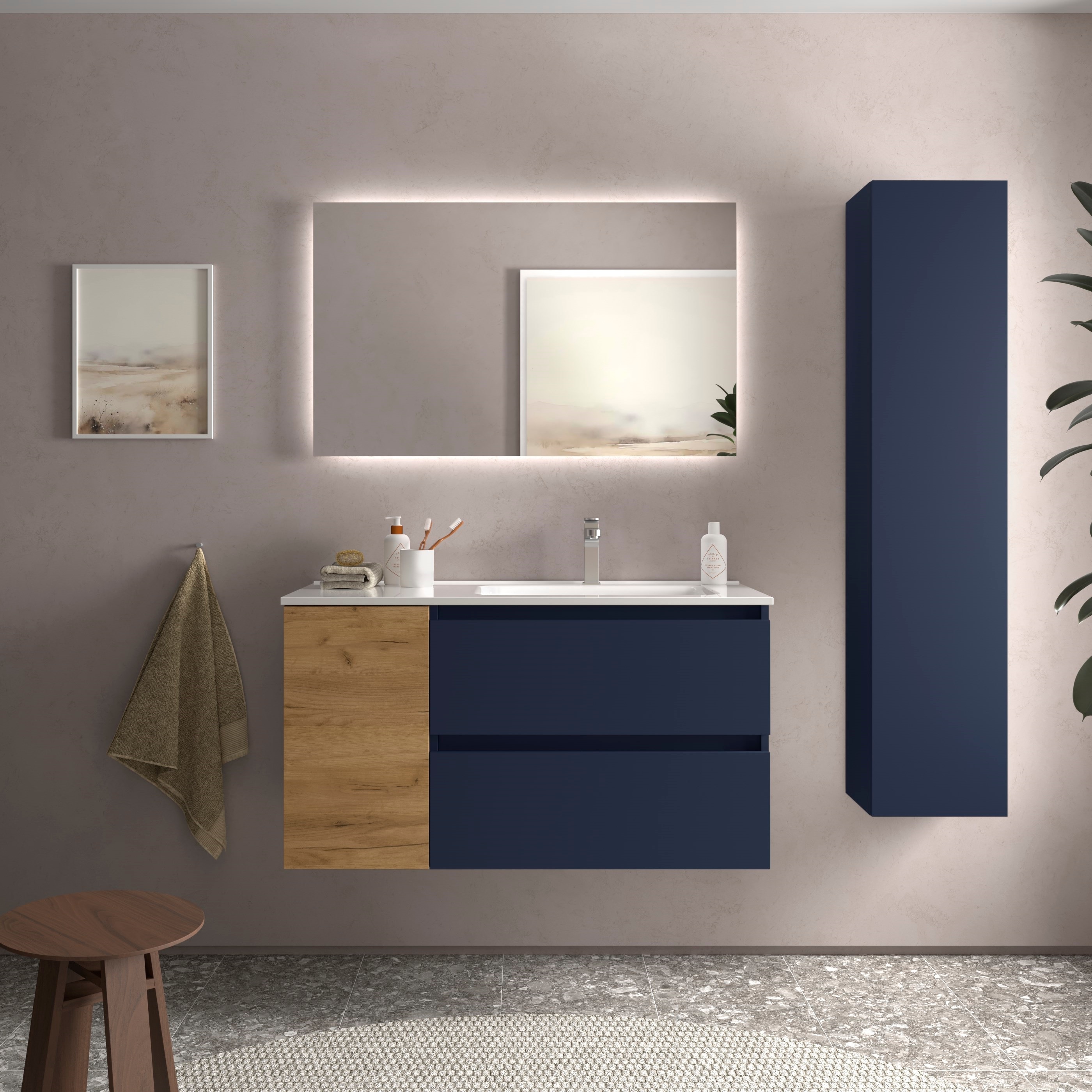 Imagen 2 de Mueble de baño Bequia con Lavabo Oslo con Coqueta 1 Puerta Izquierda - Azul / Madera 100 cm Azul / Madera