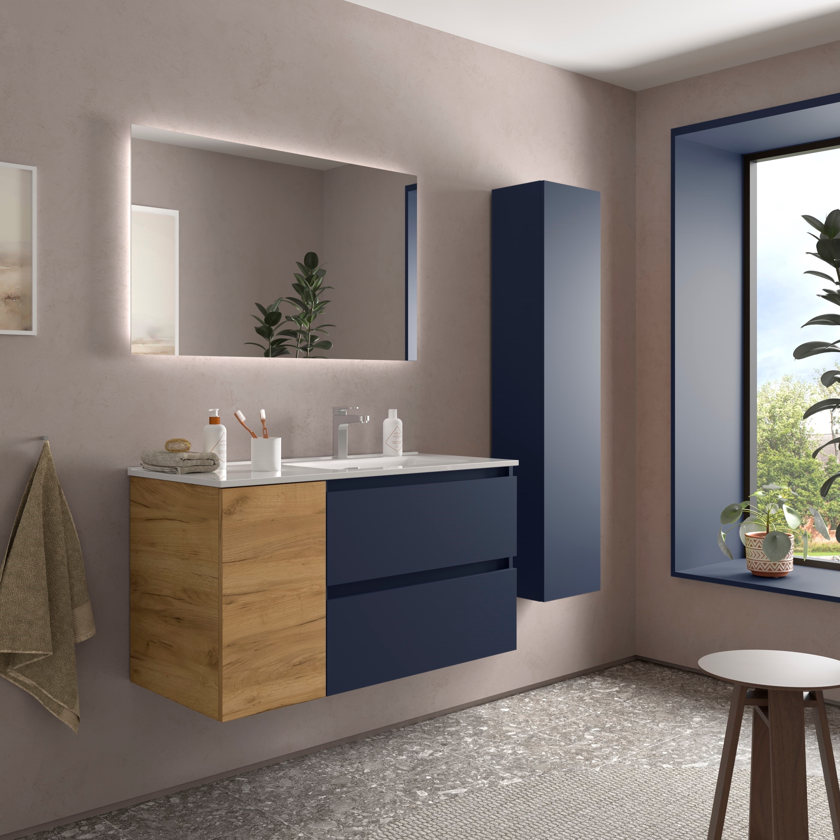 Imagen 3 de Mueble de baño Bequia con Lavabo Oslo con Coqueta 1 Puerta Izquierda - Azul / Madera 100 cm Azul / Madera