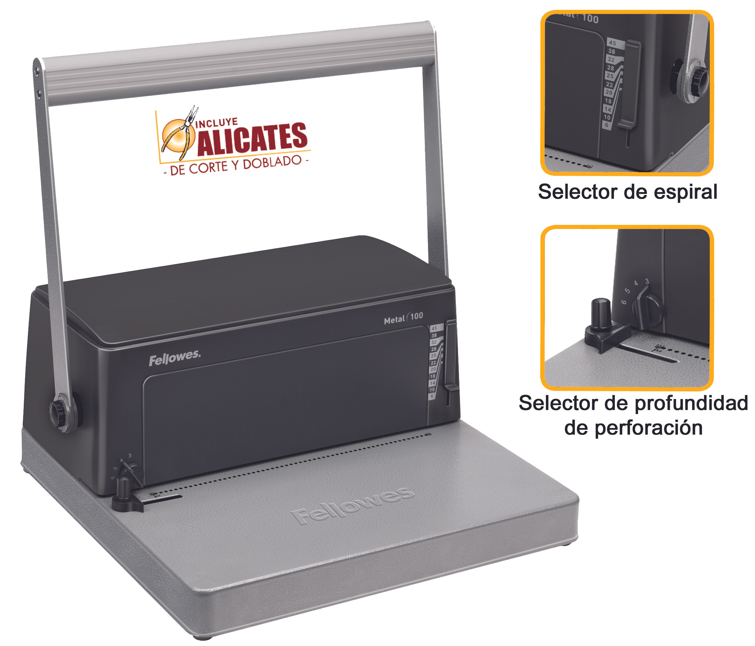 Encuadernadora manual Fellowes Metal 100 espiral perfora 20 encuaderna 450 hojas Negro-3