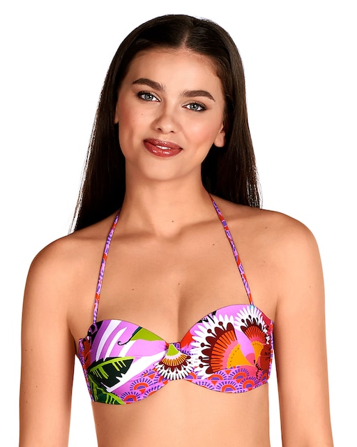 Imagen 0 de Top de bikini bandeau atado al cuello con estampado bird combinado