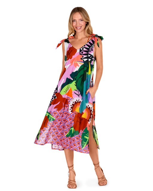 Imagen 0 de Vestido de playa estampado con lazos ajustables en los hombros