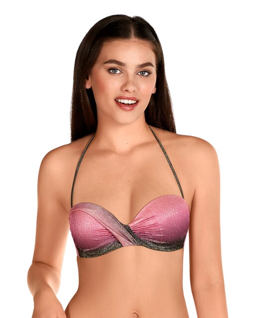 Imagen 0 de Top de bikini bandeau cruzado con estampado degradado lurex