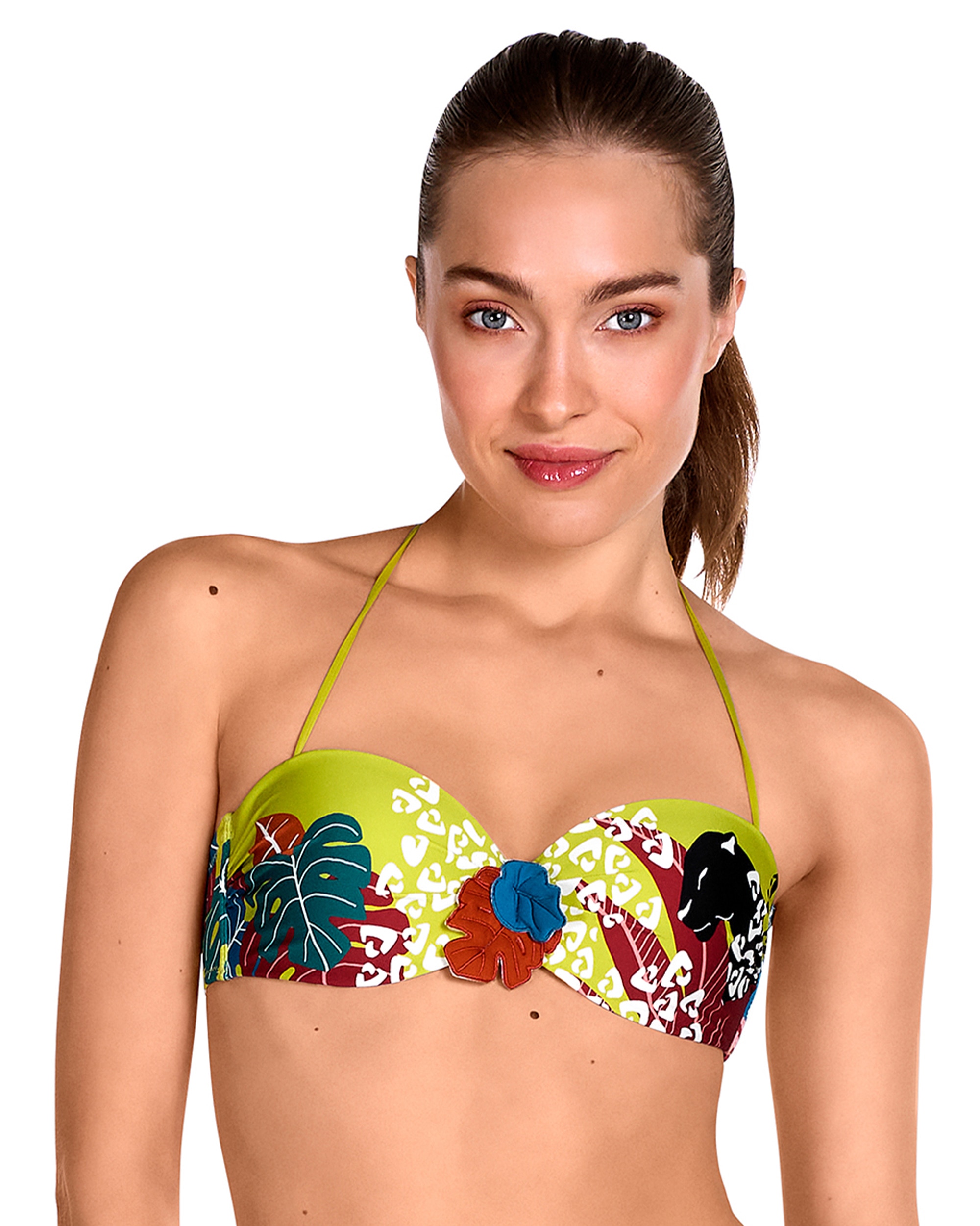 Imagen 0 de Top de bikini bandeau de la colección pasarela con opción de atar al cuello y estampado multicolor de inspiración africana contemporánea Multicolor