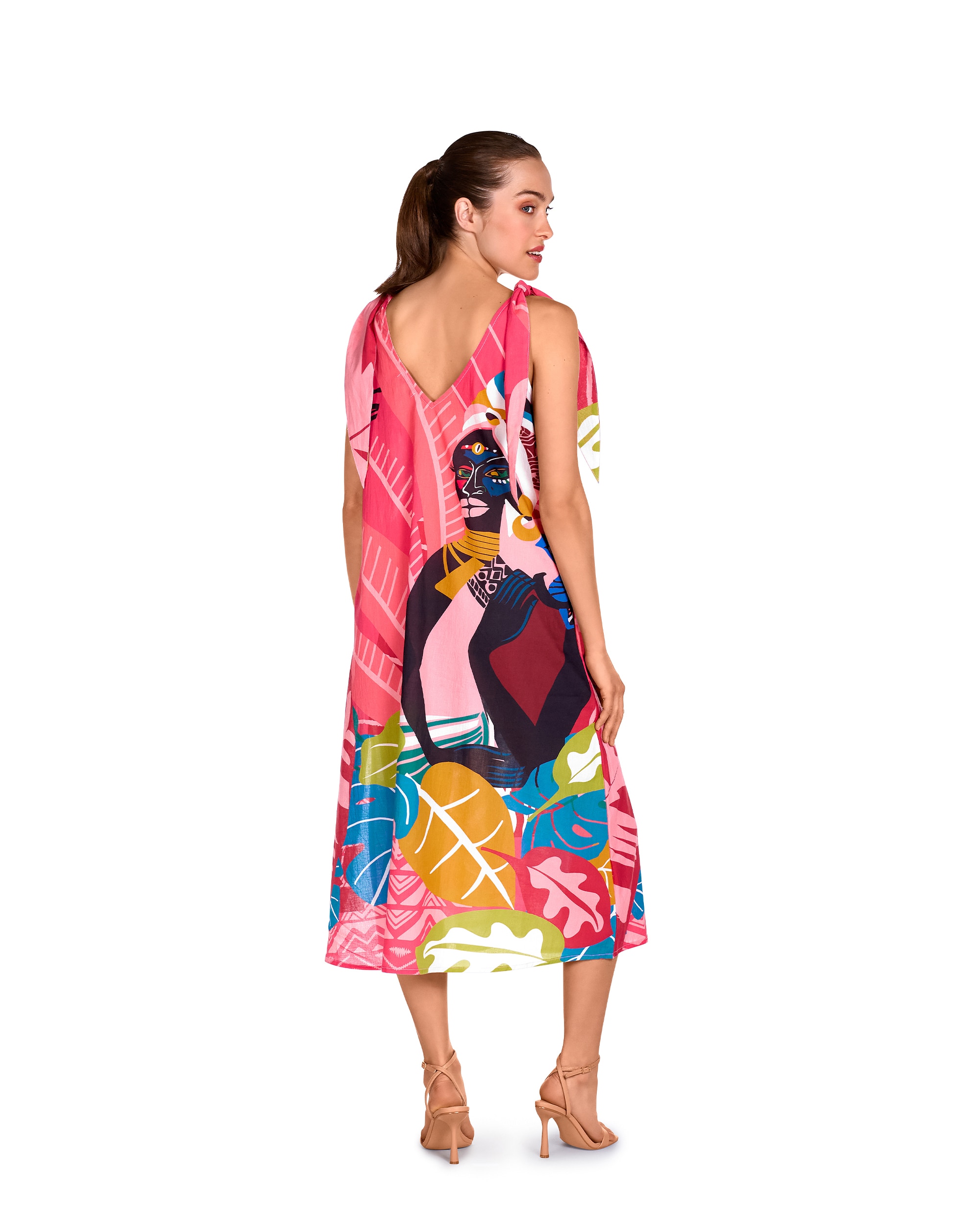 Vestido de playa de mujer de la colección pasarela con lazos ajustables en los tirantes y estampado posicionado congo - Dolores Cortés - Multicolor Multicolor-2