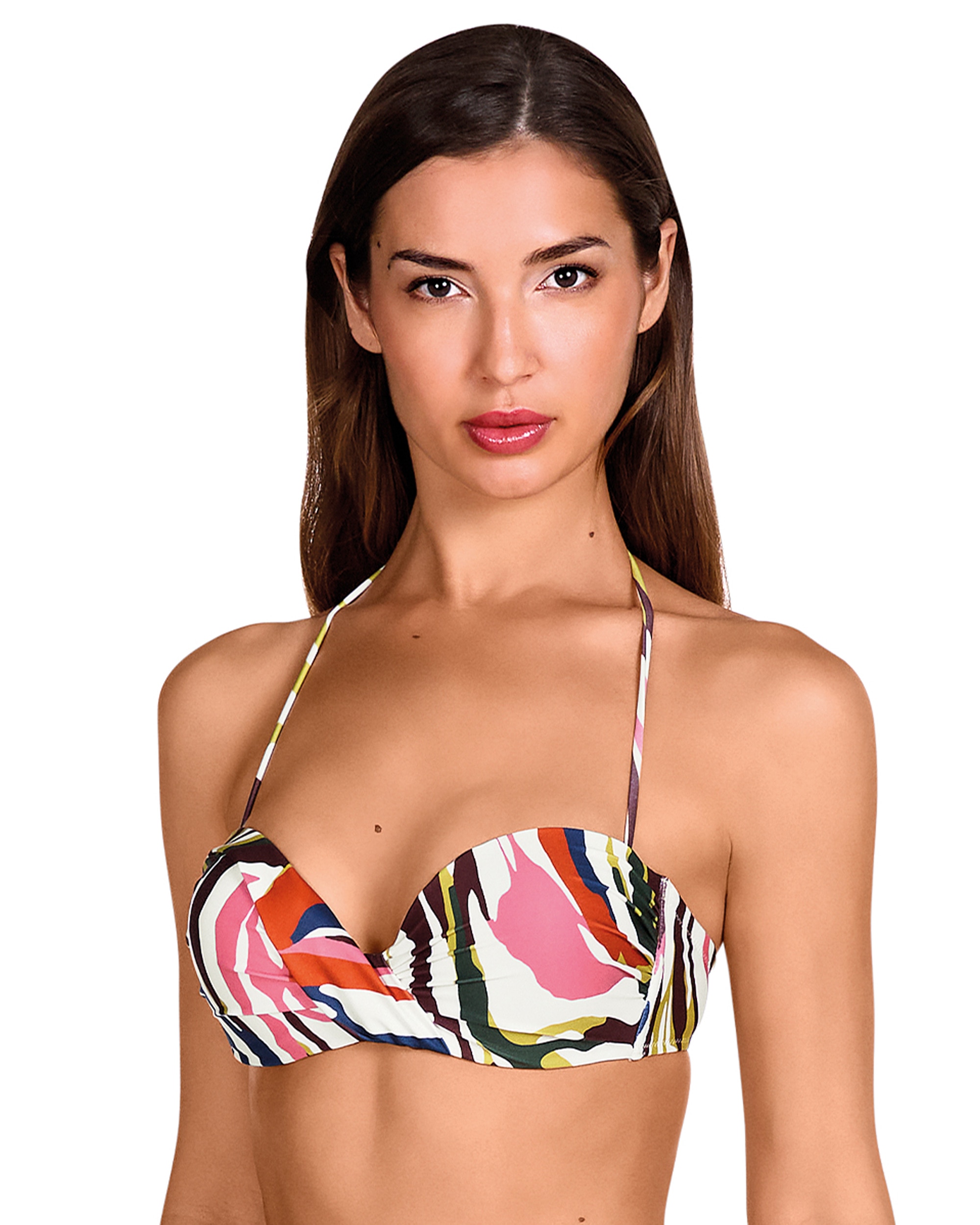 Dolores Cortés - Top de bikini bandeau con escote cruzado y estampado ánimal print.