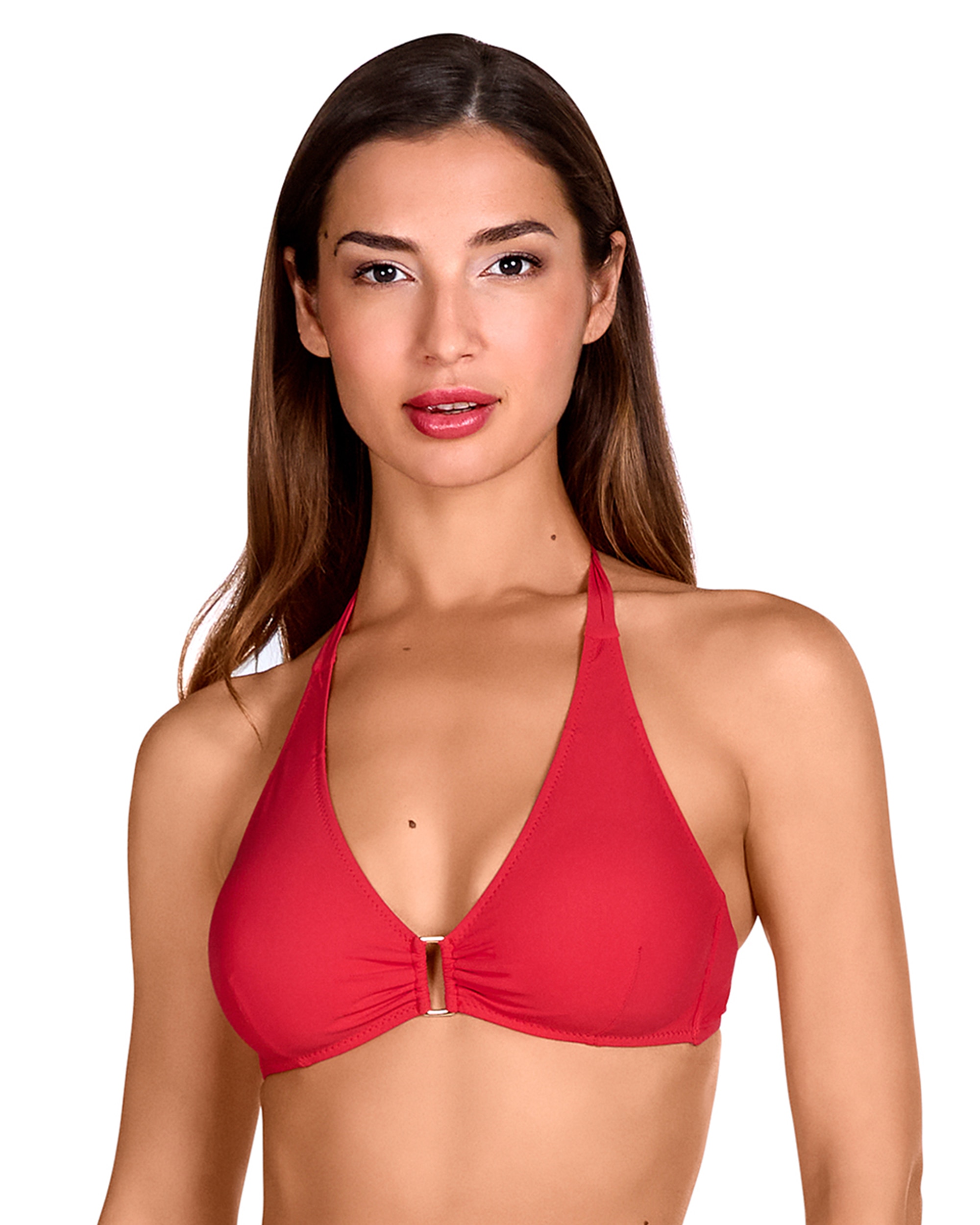Dolores Cortés - Top de bikini triángulo atado al cuello y estampado liso en color rojo.