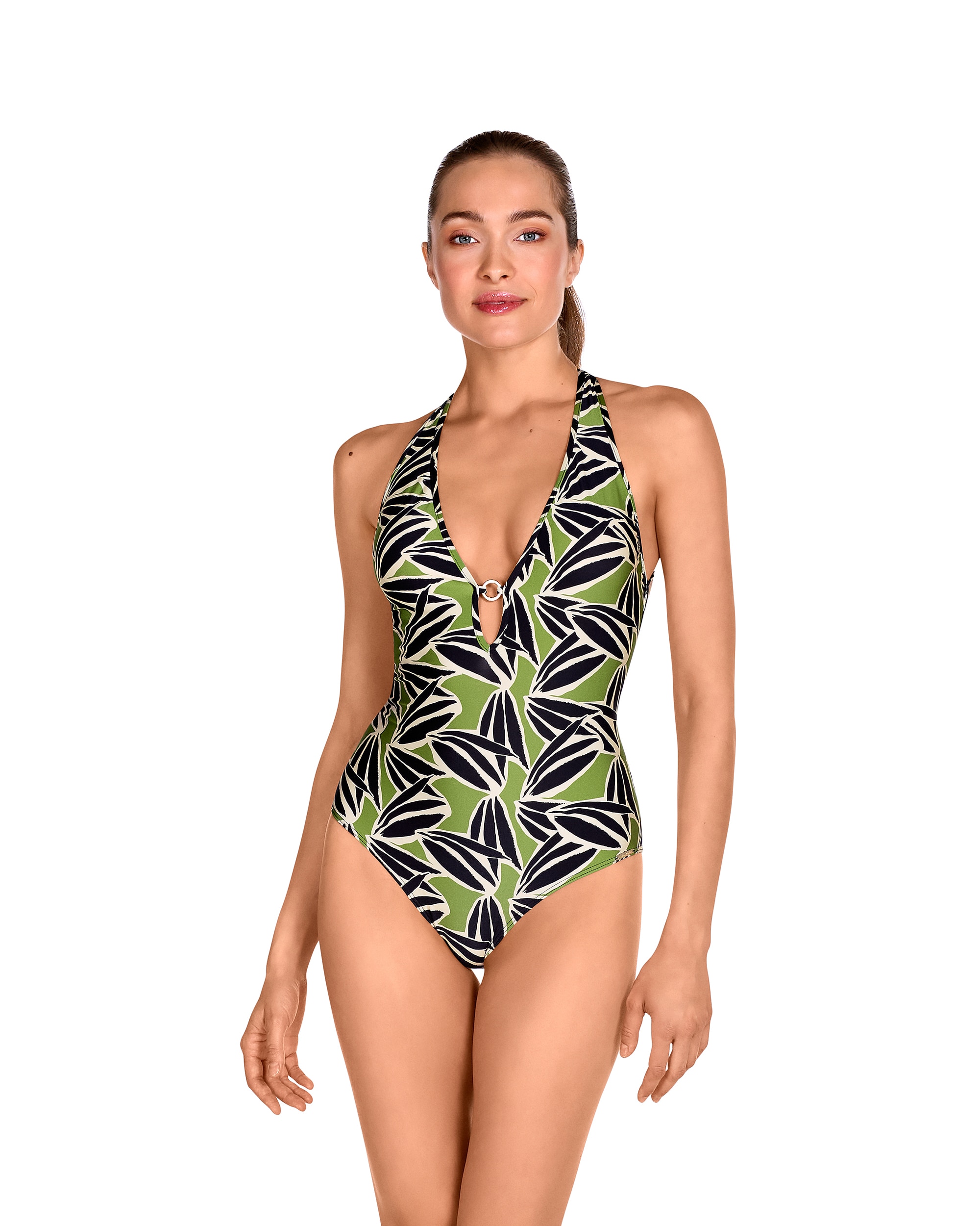 Bañador de mujer con tirantes cruzados y estampado hojas