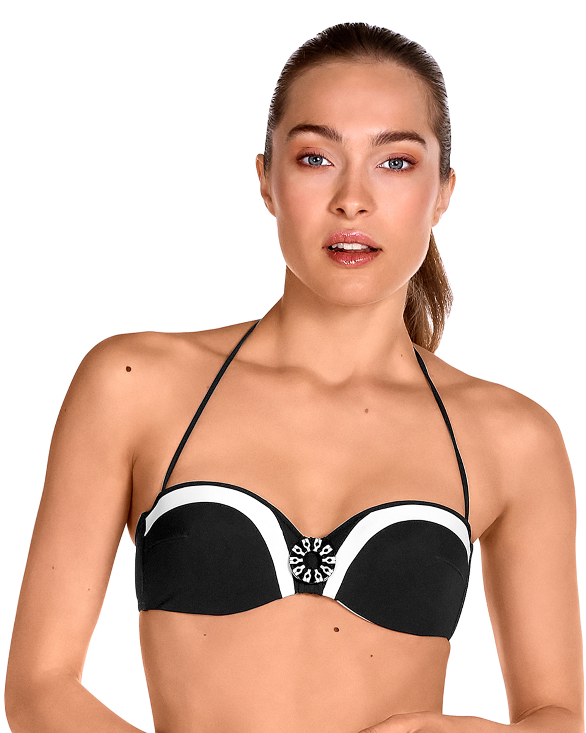 Dolores Cortés - Top de bikini bandeau de la colección pasarela con tirante atado al cuello y estampado liso en color negro y blanco.