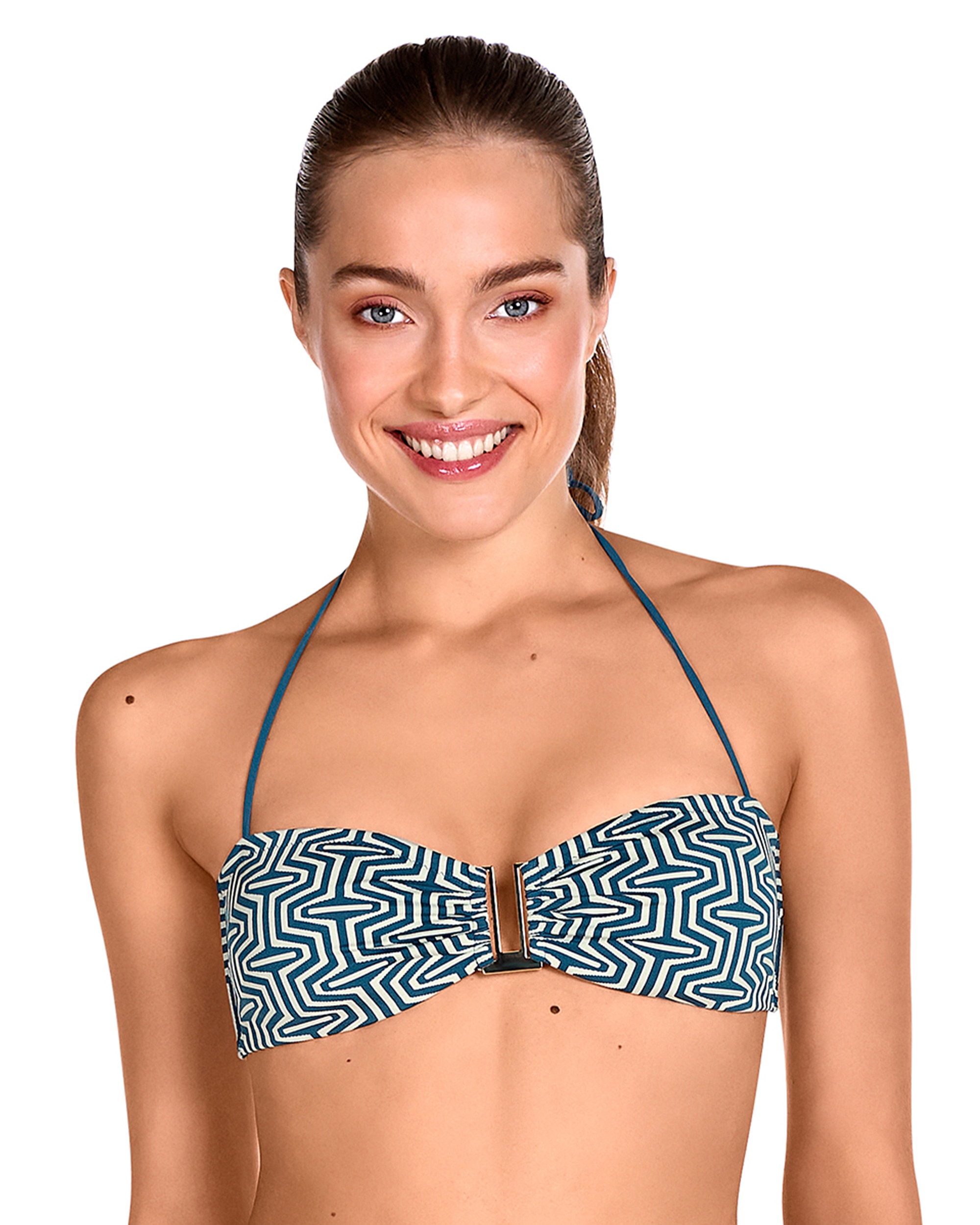 Dolores Cortés - Top de bikini bandeau atado al cuello y estampado geométrico.