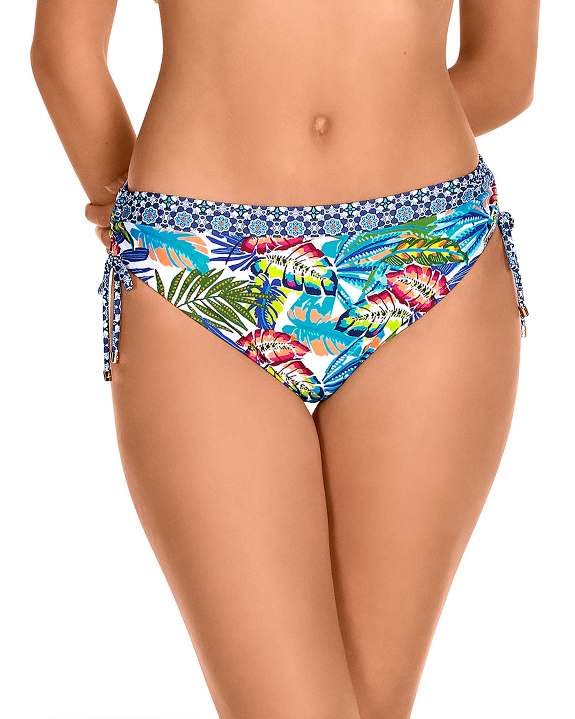 Dolores Cortés - Braga de bikini de altura media con lazo ajustable y estampado tropical.
