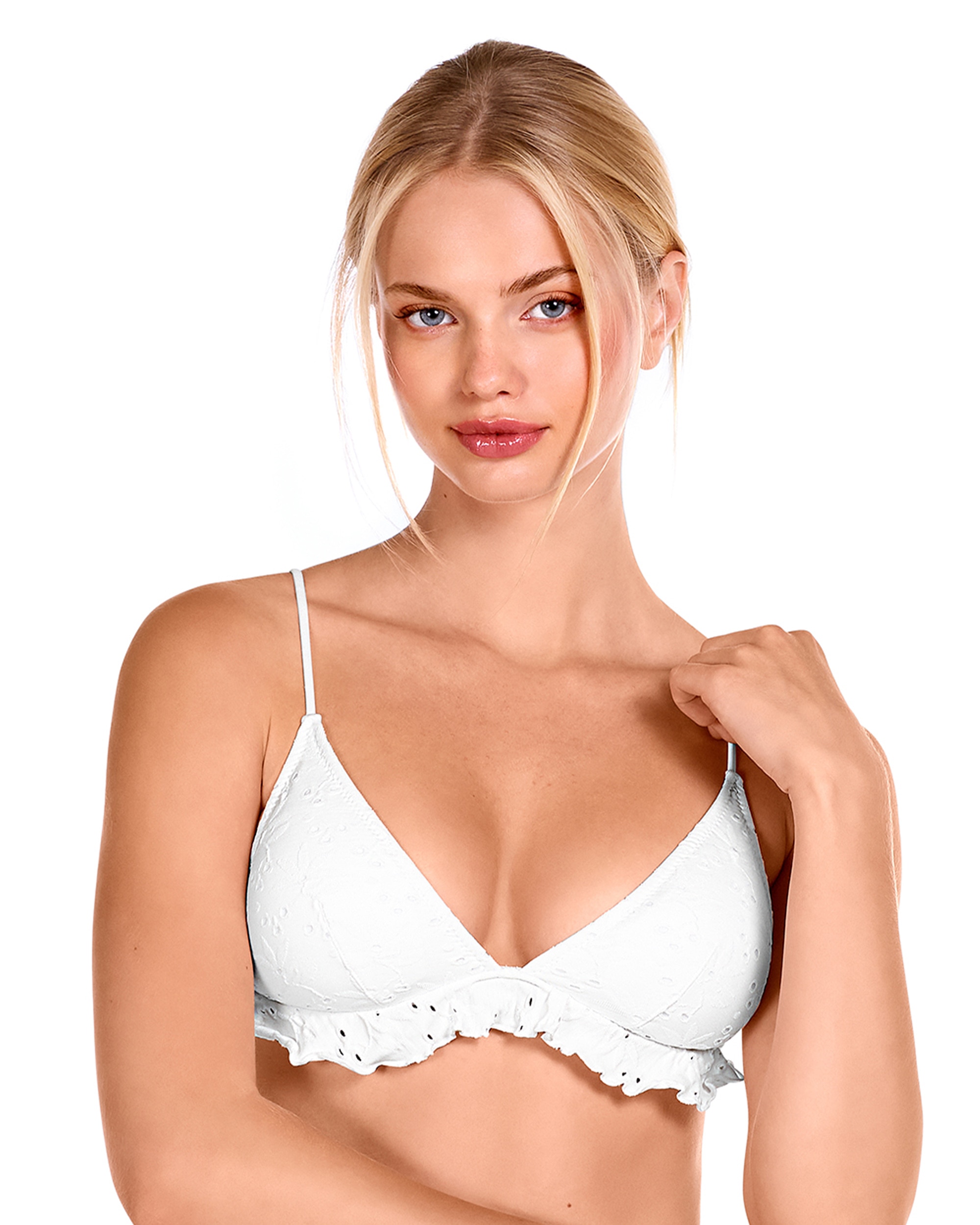 Imagen 0 de Top de bikini de triángulo con volante y tejido calado en color blanco Blanco
