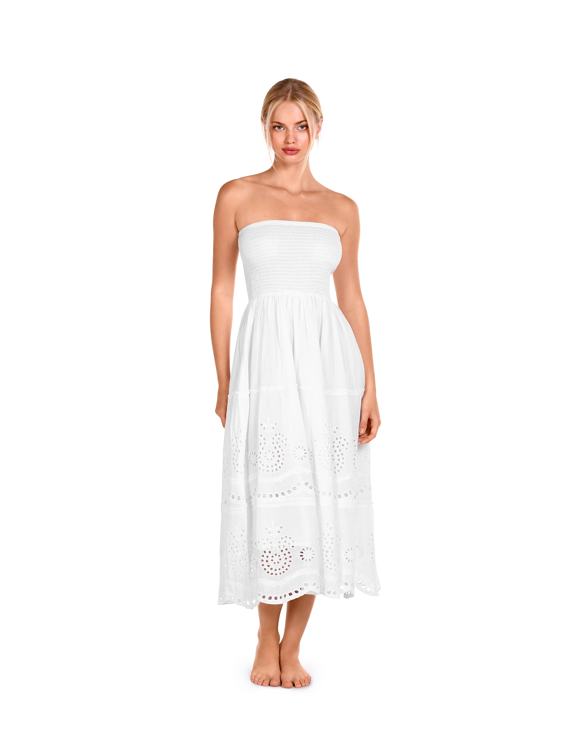 Lola Dolores Cortés - Vestido de mujer midi con estampado blanco troquelado.