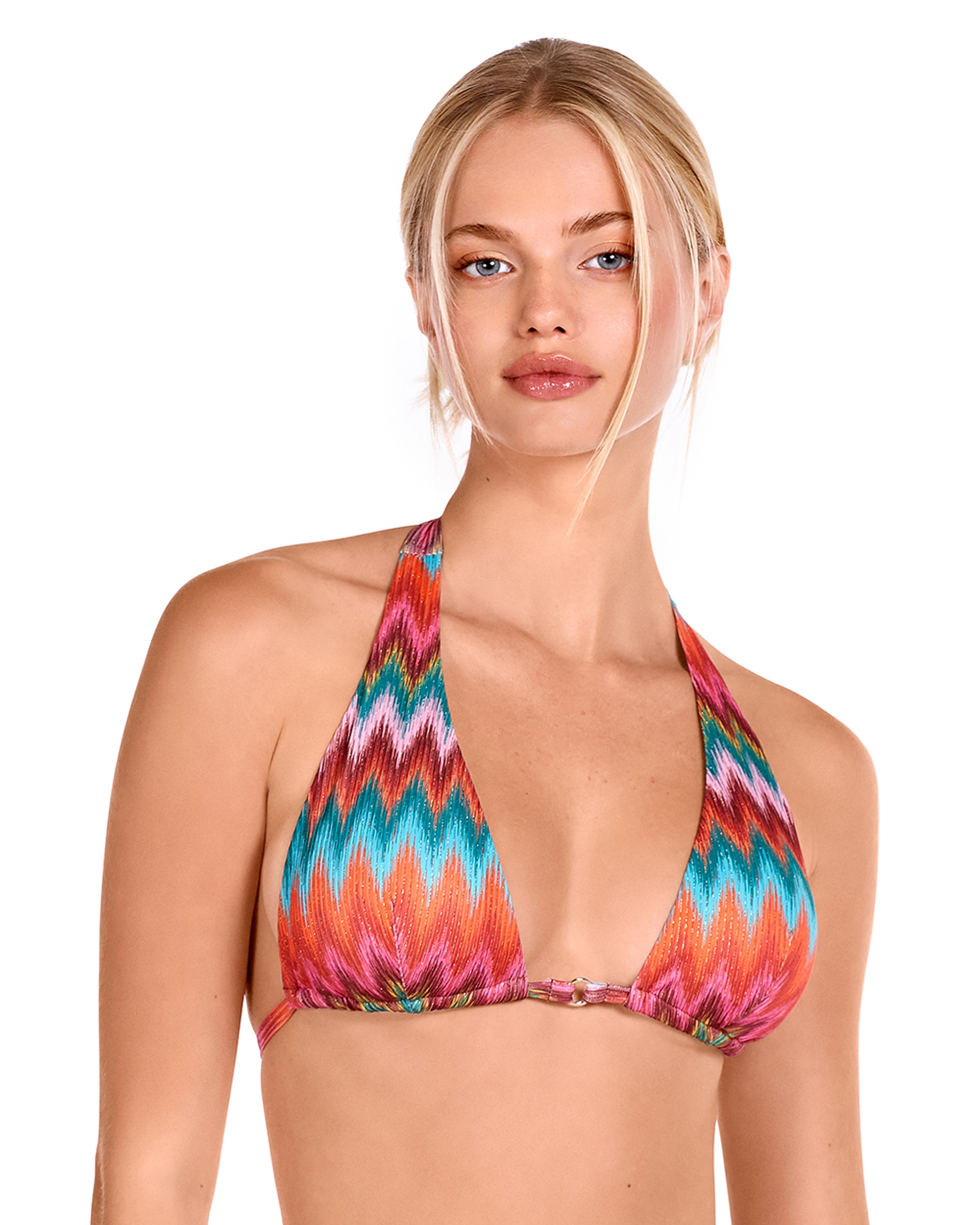 Imagen 0 de Top de bikini triángulo atado al cuello y estampado multicolor con lurex Multicolor