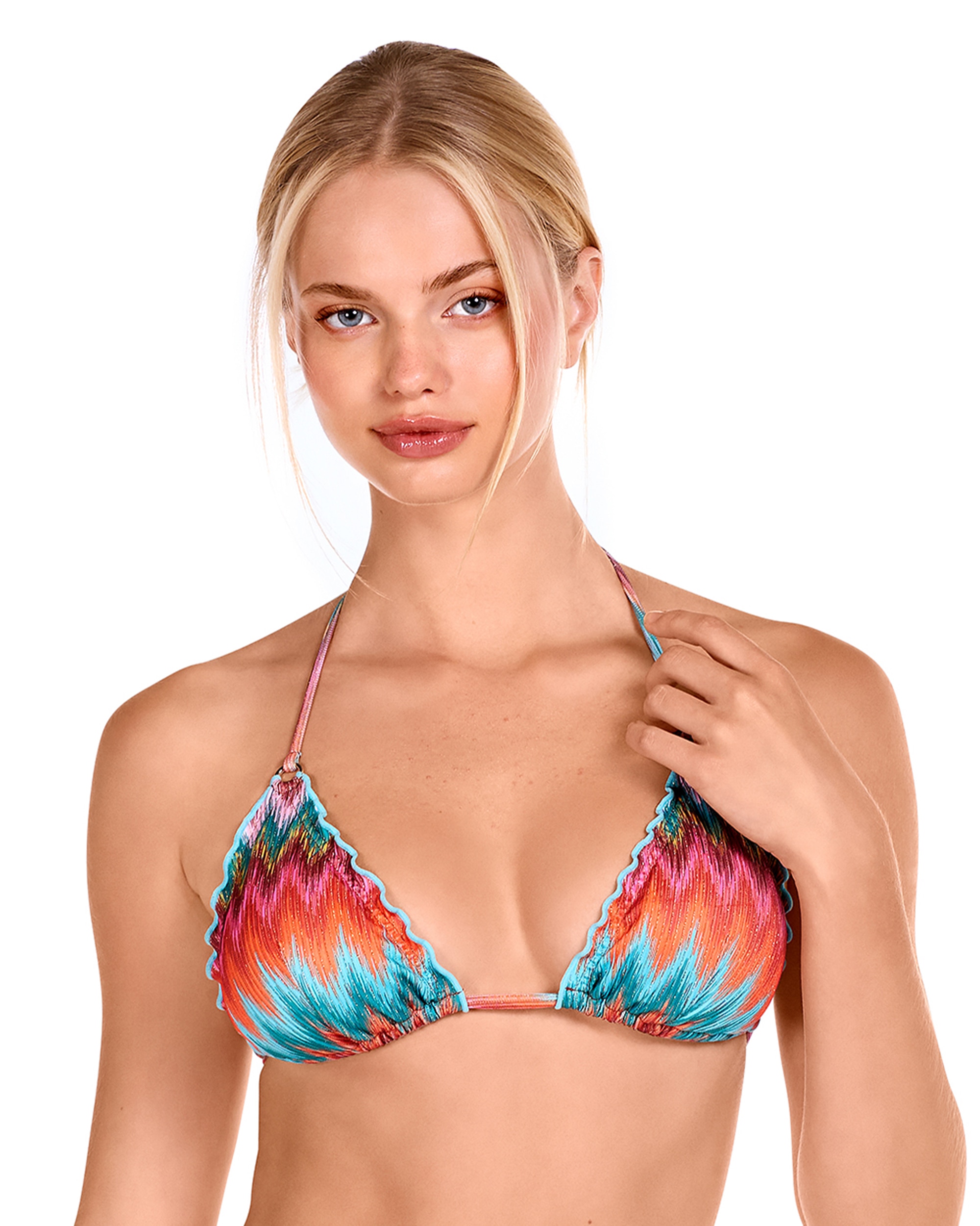 Top de bikini de triángulo atado al cuello y estampado multicolor con lurex