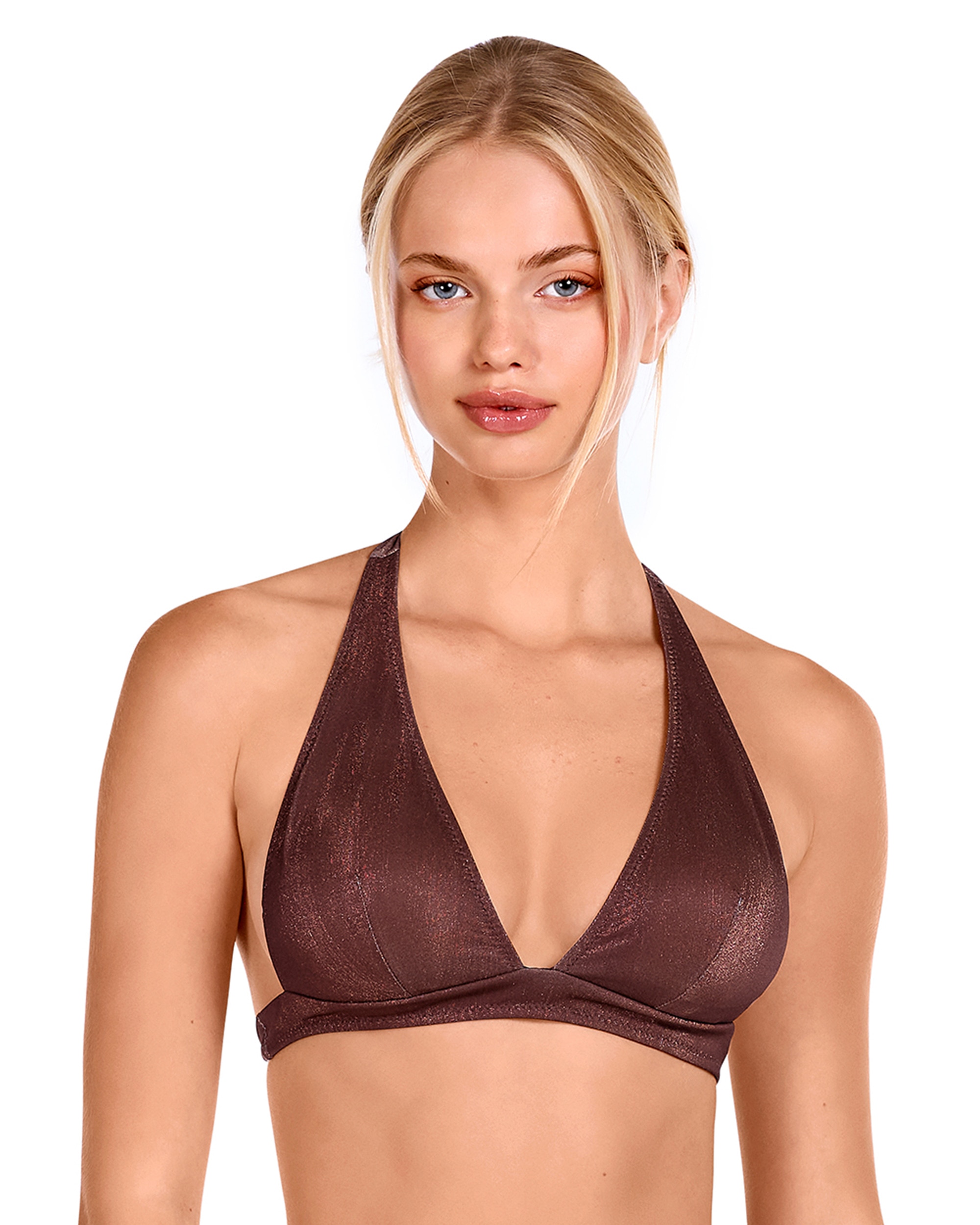Lola Dolores Cortés - Top de bikini halter y estampado marrón con lurex.