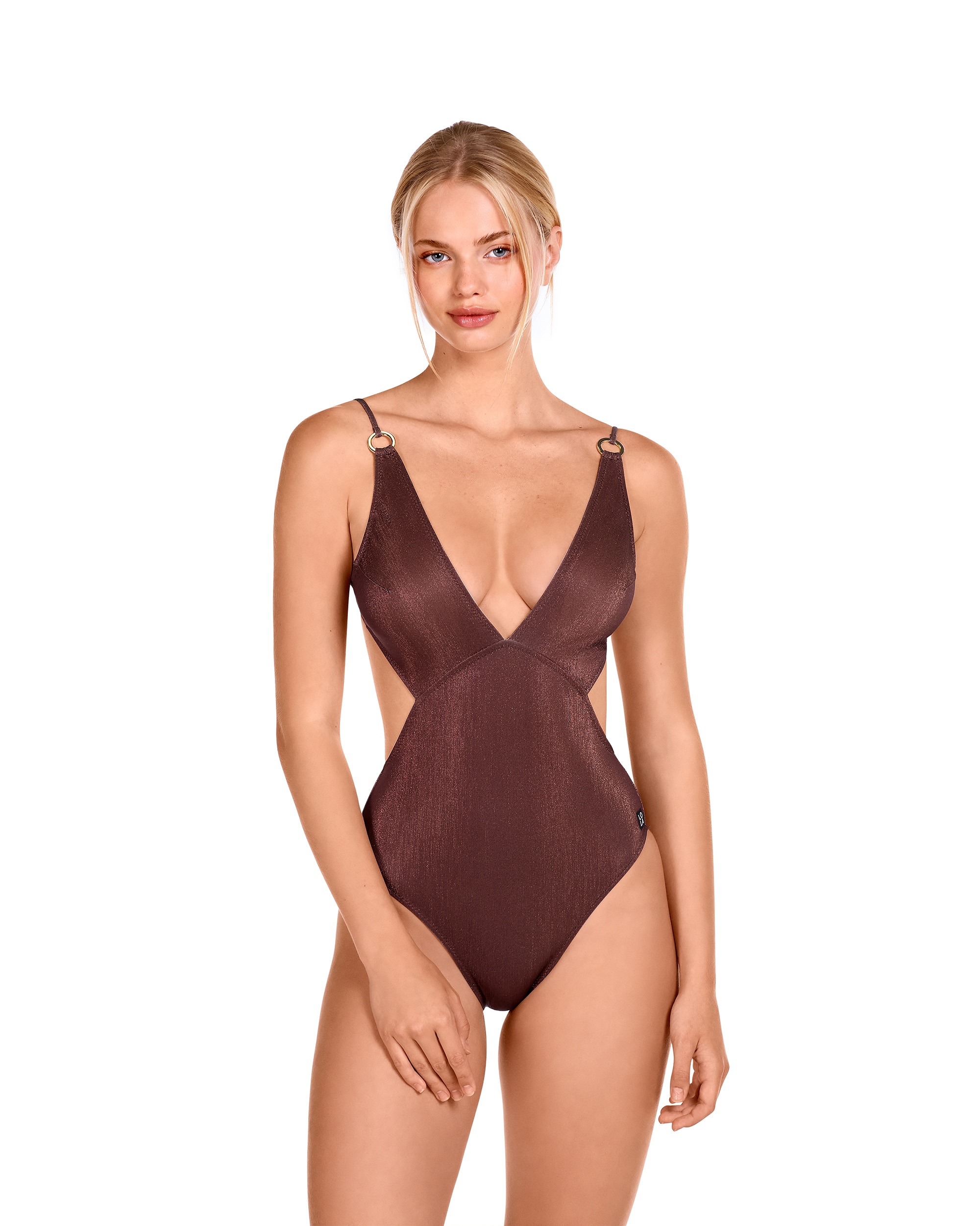 Imagen 0 de Trikini de mujer escotado y estampado con lurex Marrón