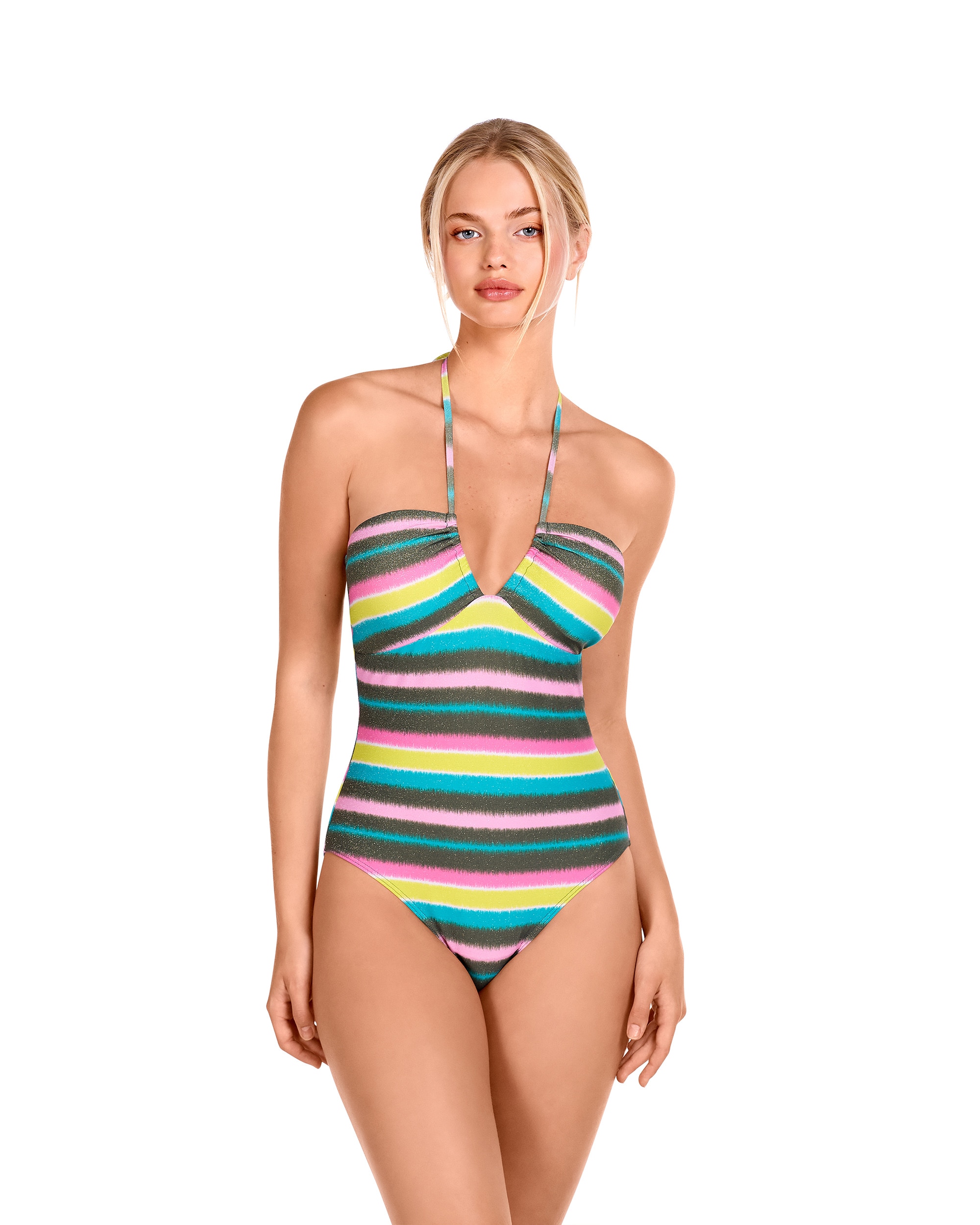 Imagen 0 de Bañador halter de mujer atado al cuello y estampado con lurex Multicolor