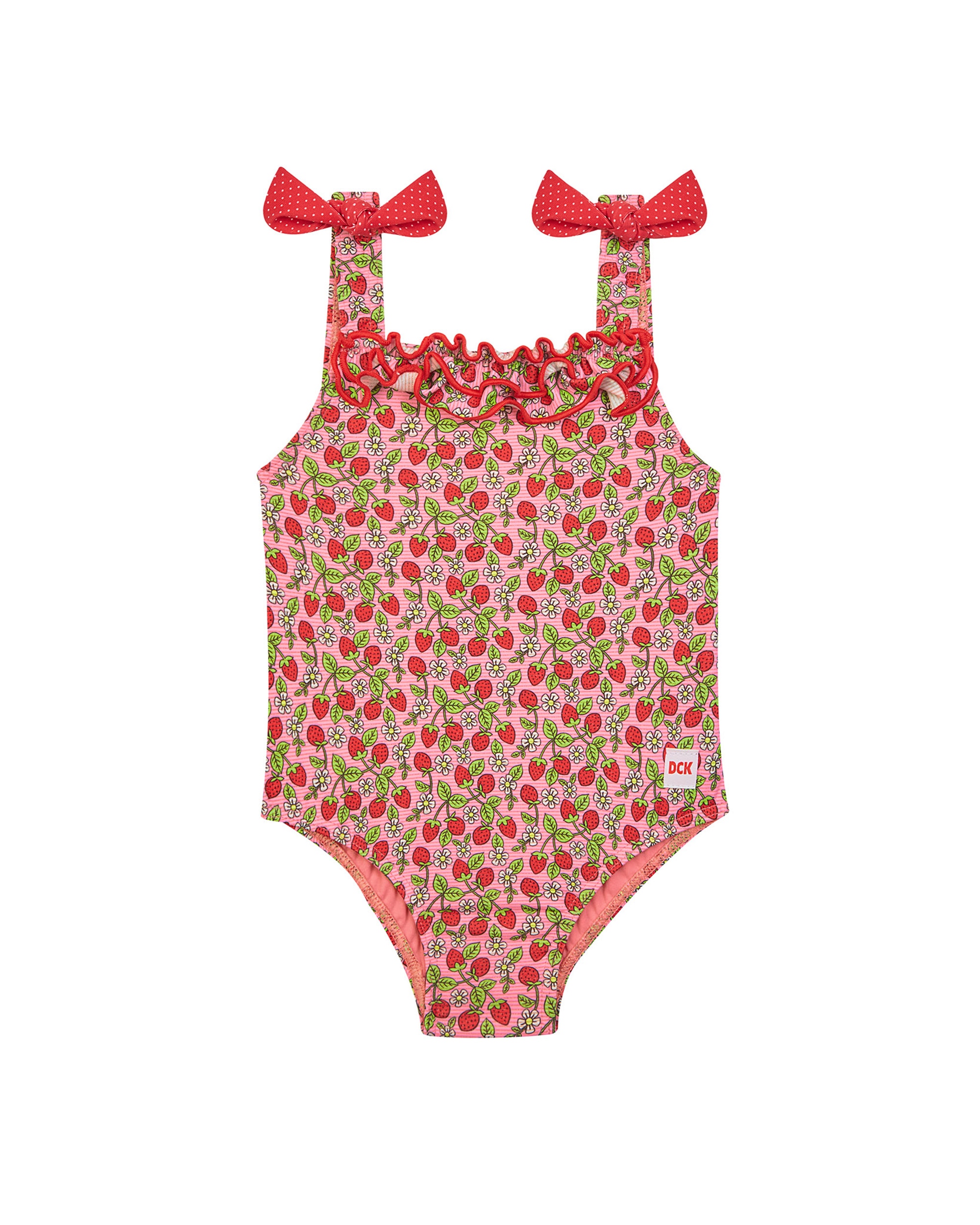 Bañador de bebé niña estampado fresas y lazo en los tirantes