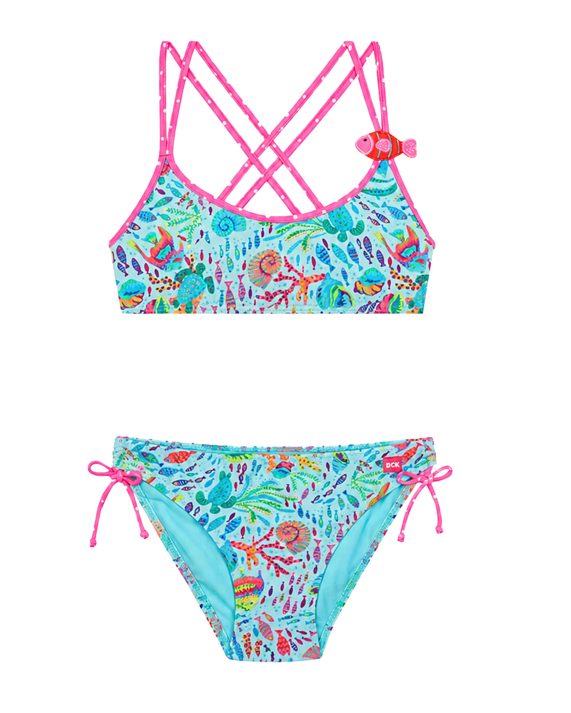 Imagen 0 de Bikini de niña de tirnates con adorno de pez y tejido estampado fondo del mar Multicolor