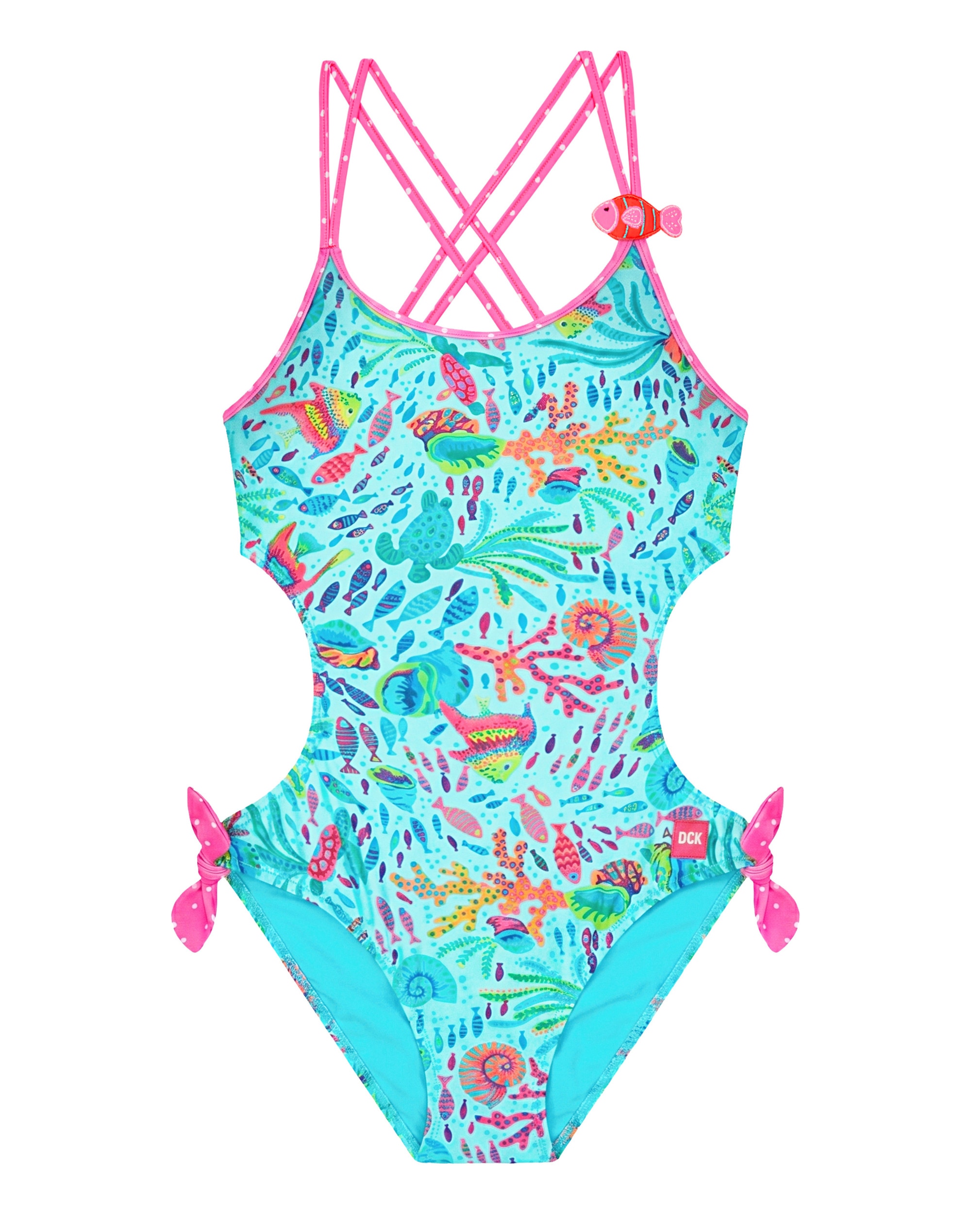 Imagen 0 de Trikini de niña con tirantes cruzados y tejido con estampado fondo del mar Multicolor