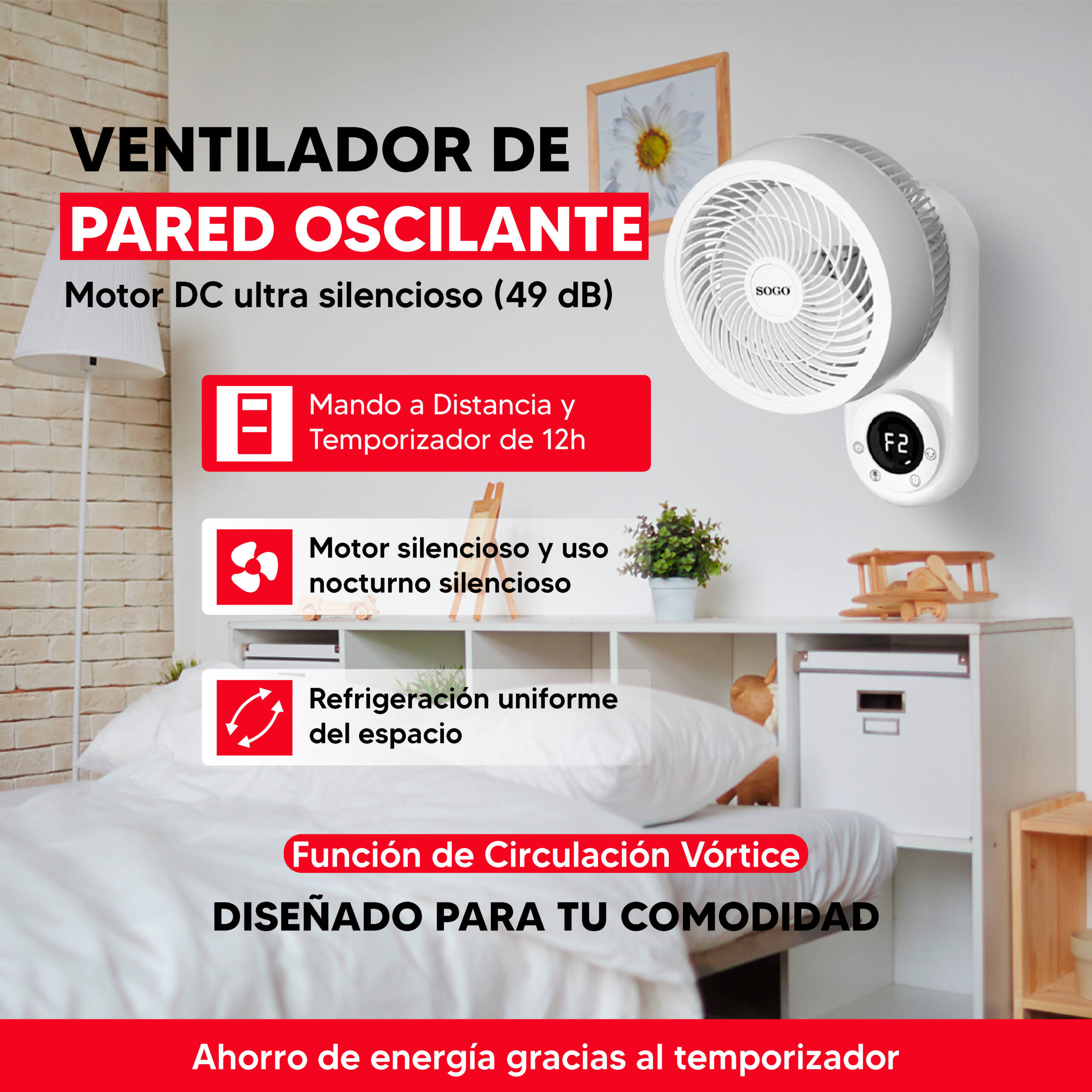 Imagen 4 de Ventilador de pared Sogo con mando, oscilación-inclinación ajustable de 10” 25cm - 50w y 3 Aspas - Blanca Blanca
