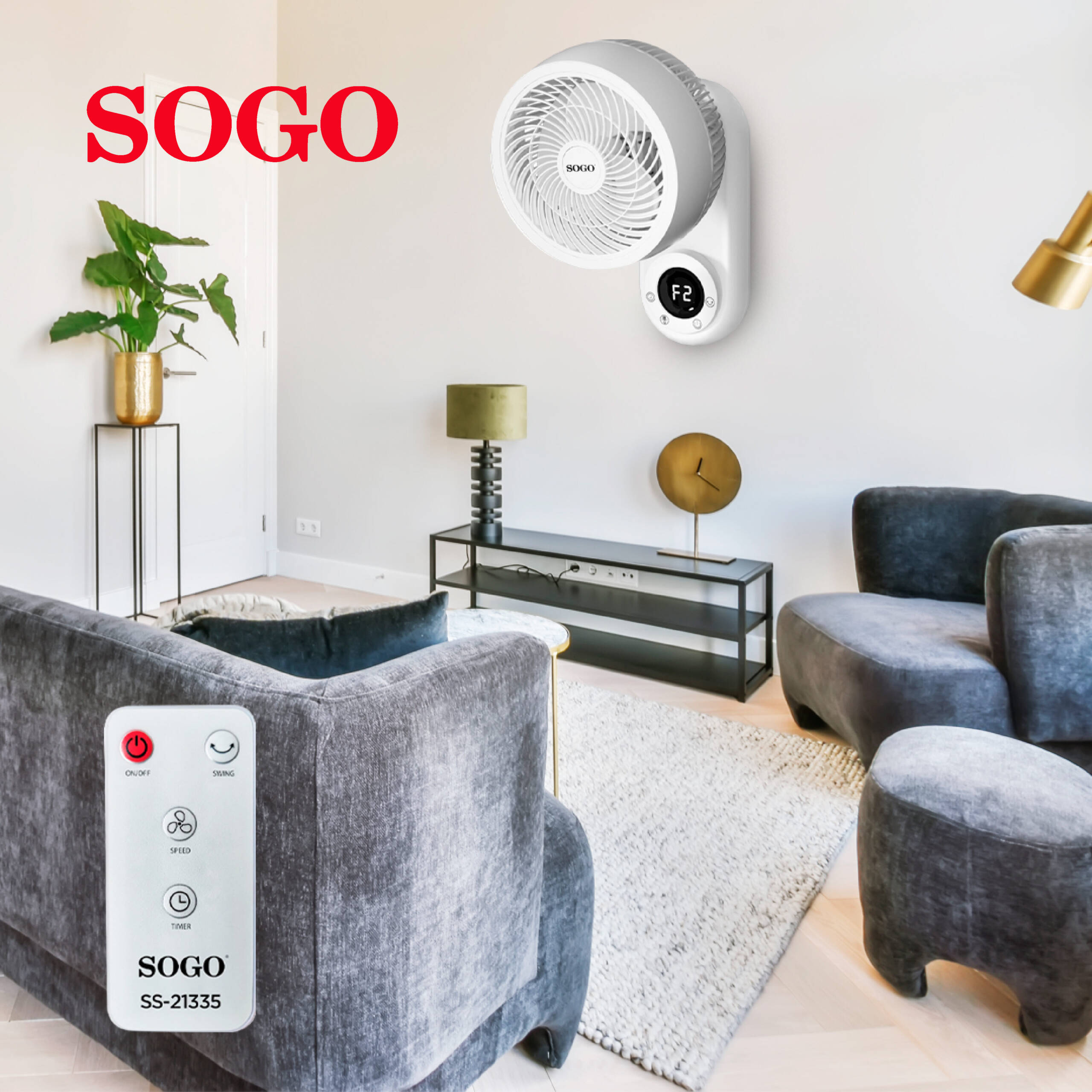 Imagen 5 de Ventilador de pared Sogo con mando, oscilación-inclinación ajustable de 10” 25cm - 50w y 3 Aspas - Blanca Blanca