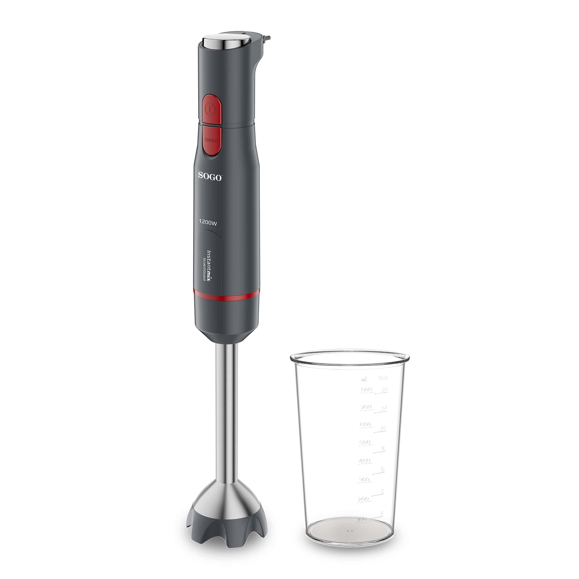 Batidora de mano Sogo BAT-SS-14325 de 800 ml 6 Cuchillas Titanio Turbo y Velocidad Variable Vástago Inox Antiarañazos Accesorios Sin BPA 1200W - Gris Gris-1