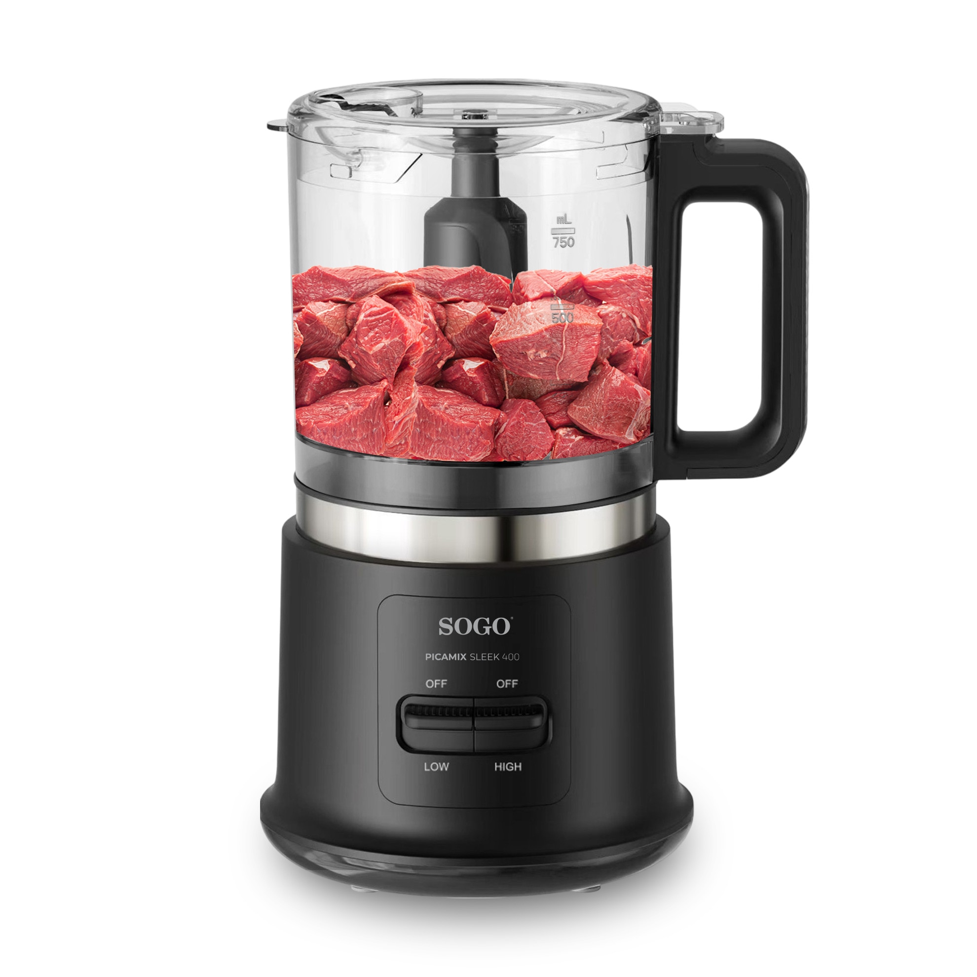 Picadora de alimentos Sogo 1L con 4 Cuchillas de Titanio y 2 Velocidades para Carne y Verduras - Negro Negro-4
