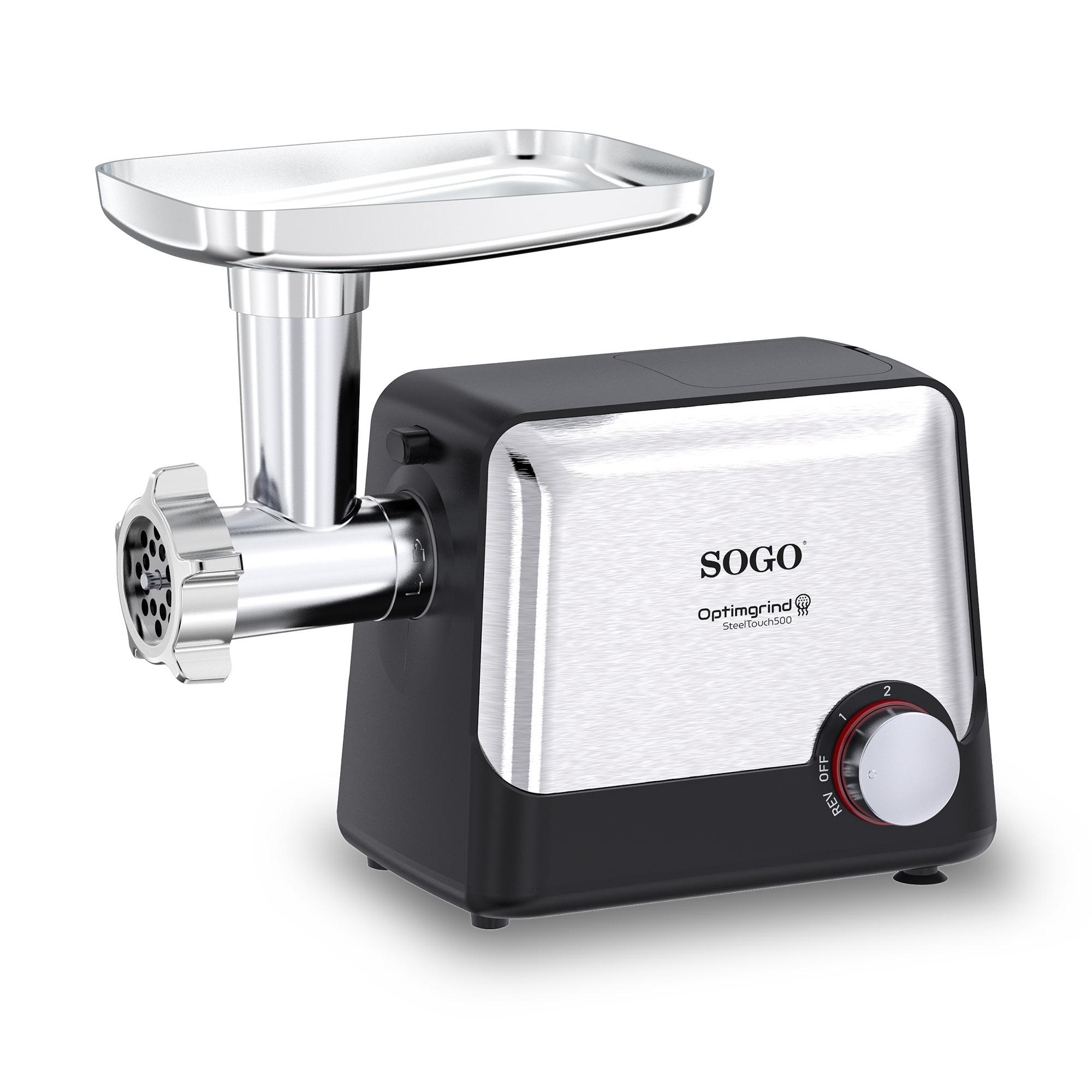 Sogo - Picadora de carne Sogo con función inversa, 3 discos de corte intercambiables, cuerpo de acero inoxidable y potencia máxima 1600w.