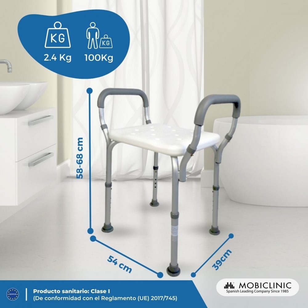 Silla para baño aluminio pvc altura regulable reposabrazos Acueducto Mobiclinic 2