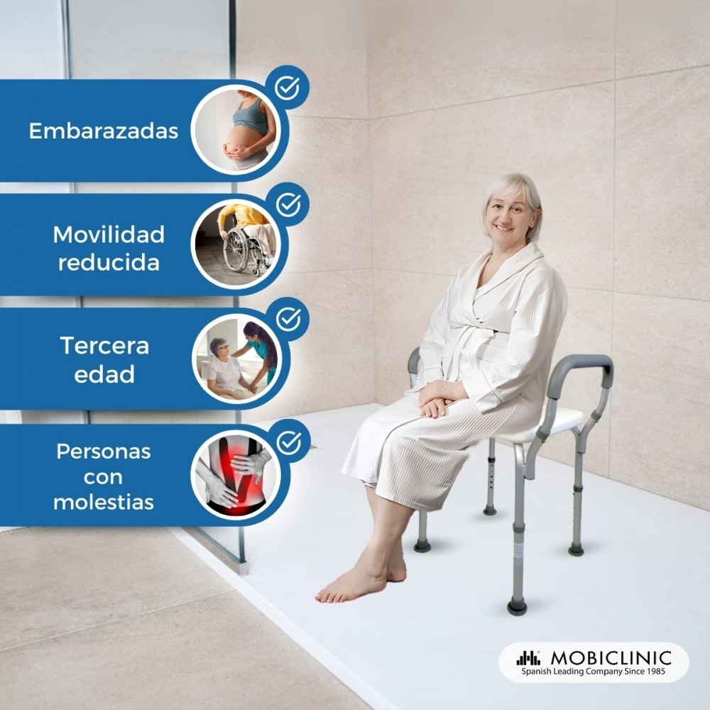 Silla para baño aluminio pvc altura regulable reposabrazos Acueducto Mobiclinic 3