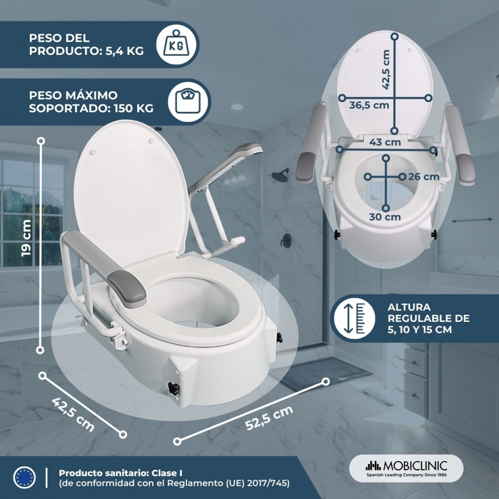 Elevador de WC Con tapa 5-15 cm Regulable en altura Reposabrazos abatibles Muralla Blanco-2