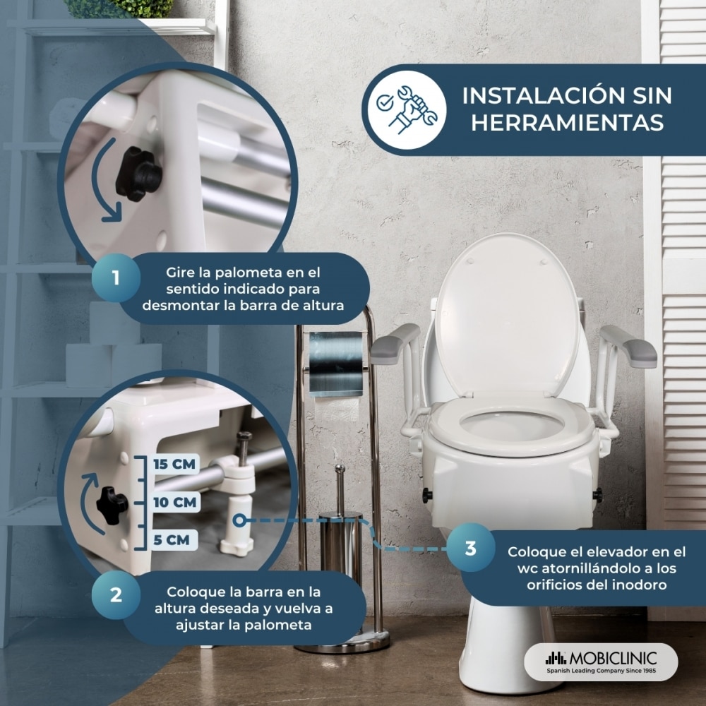 Elevador de WC Con tapa 5-15 cm Regulable en altura Reposabrazos abatibles Muralla Blanco-3