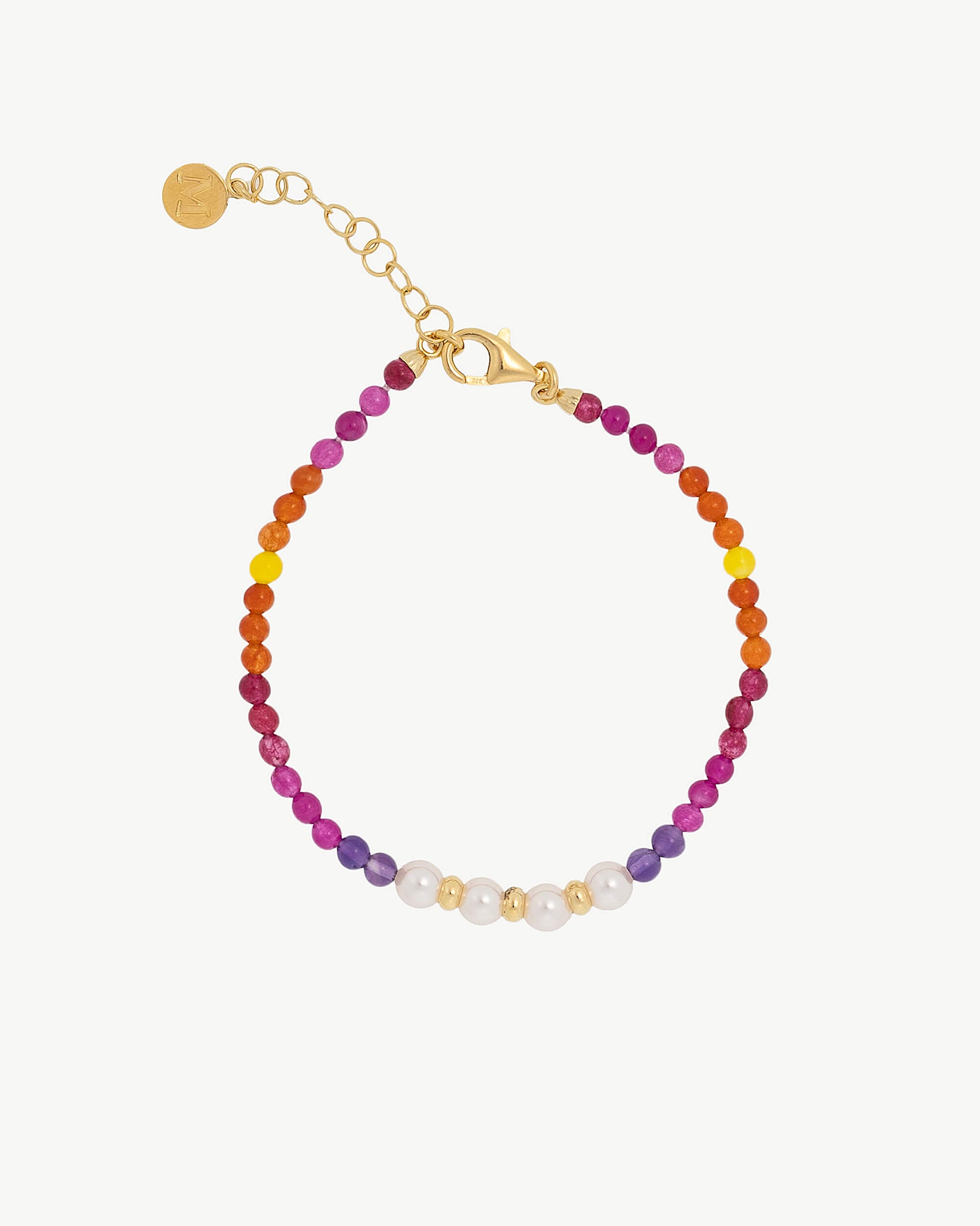 Pulsera Color Pop Sunset en plata dorada con piedras degradé y perlas blancas