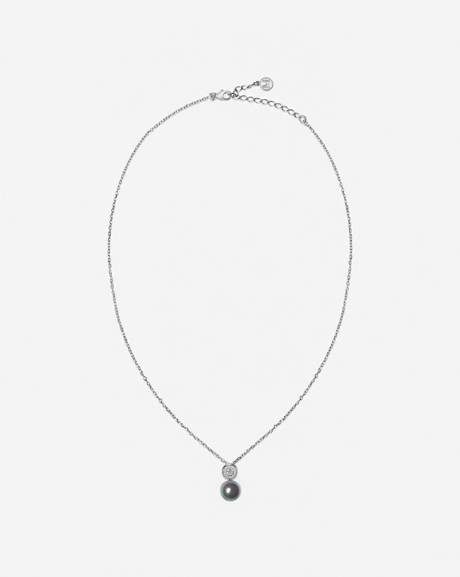 Imagen 0 de Collar de cadena en plata rodiada de 42cm de largo con colgante de rosetón de circonitas y perla redonda gris de 10mm. alargador de 5cm. Cromo / Berenjena