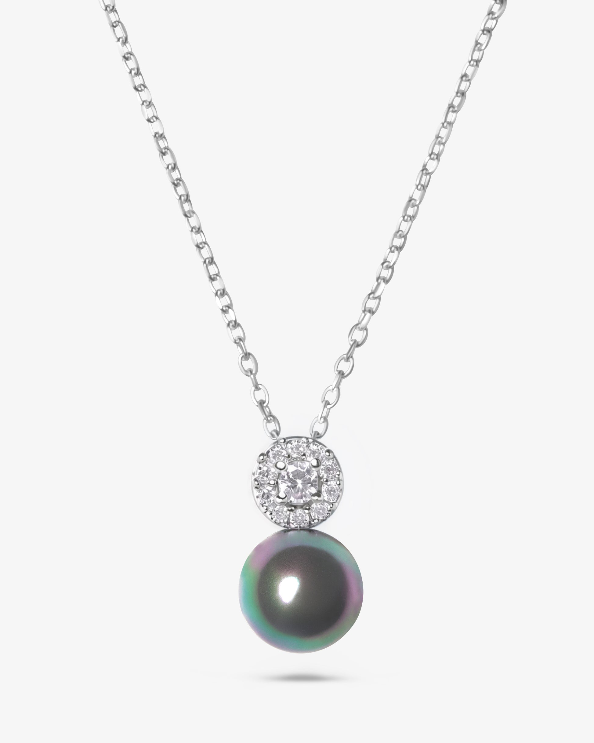 Collar de cadena en plata rodiada de 42cm de largo con colgante de rosetón de circonitas y perla redonda gris de 10mm. alargador de 5cm. - Majorica - Cromo / Berenjena Cromo / Berenjena-2