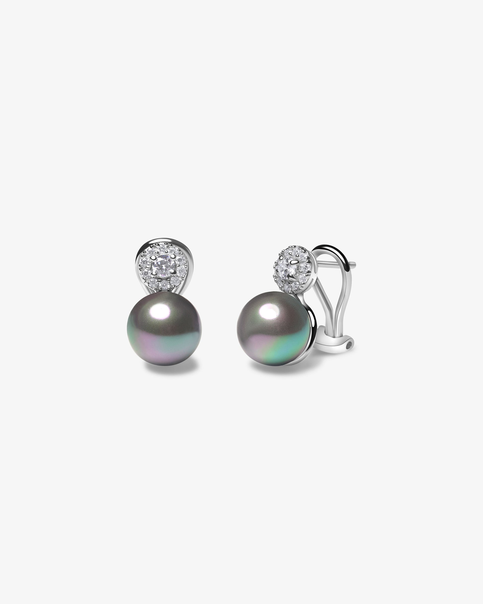 Pendientes en plata rodiada con colgante de rosetón de circonitas y perla redonda gris de 10mm - Majorica - Cromo / Berenjena Cromo / Berenjena-1